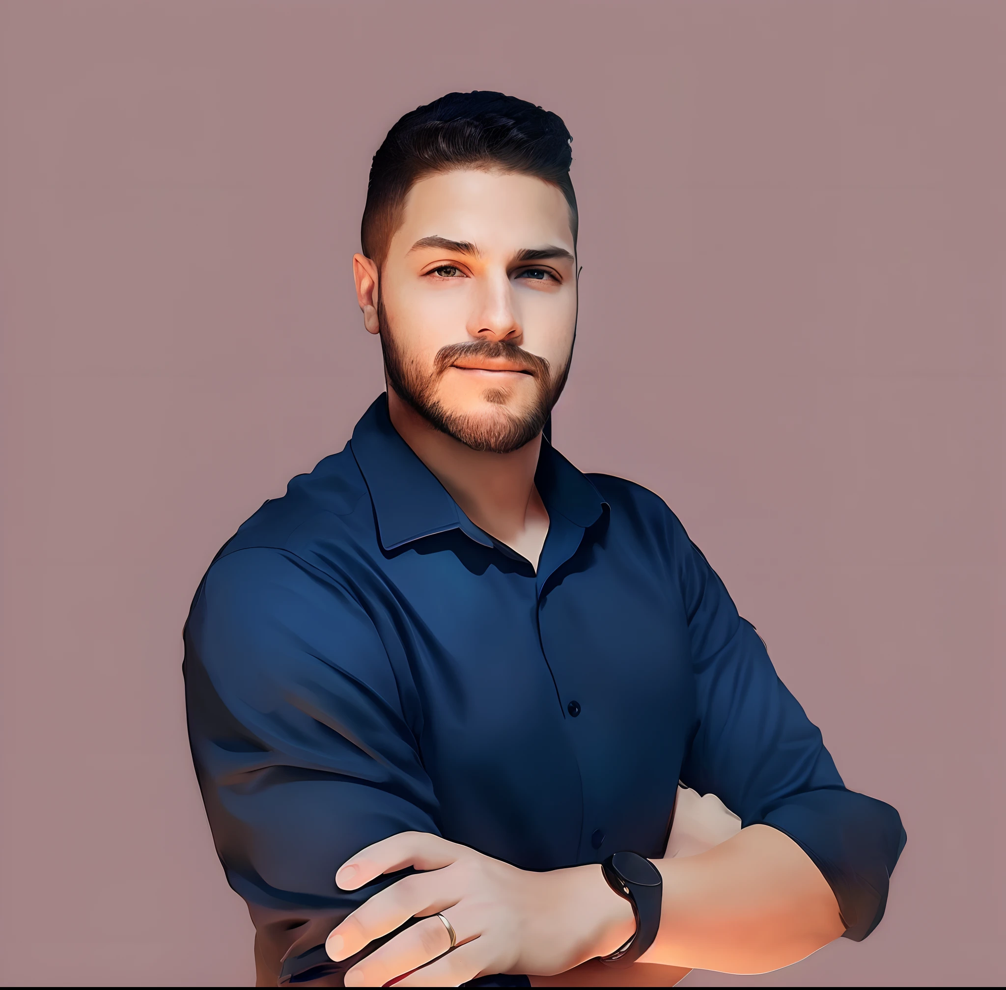 man with arms crossed, wearing black business clothes, beard