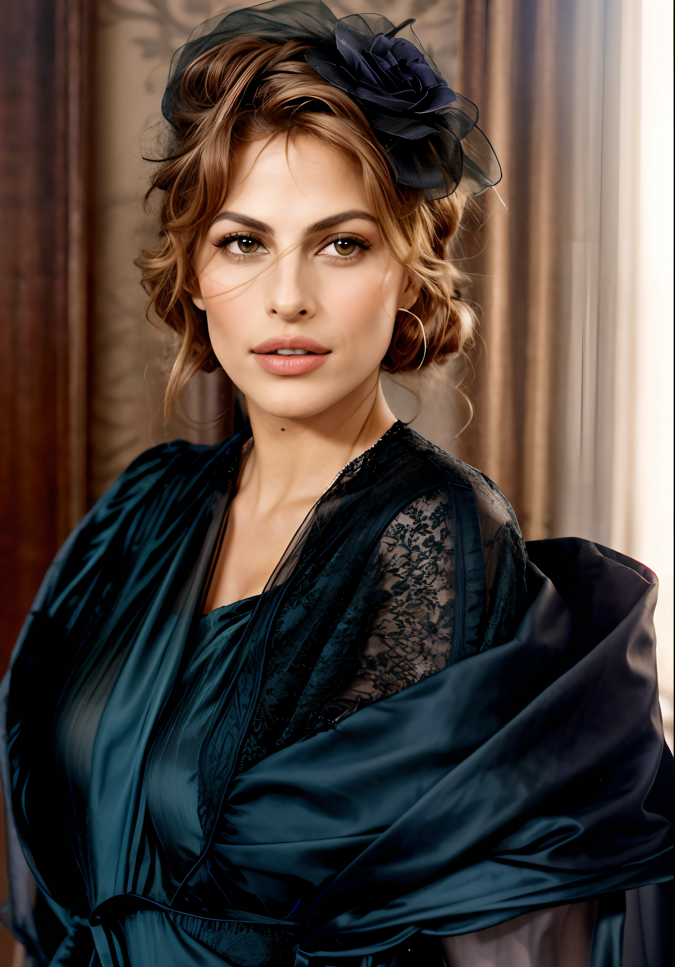 Bild einer Frau (Eva Mendes) mit einem Schal auf den Schultern, Portrait of Eva Mendes, Stil von Paolo Roversi, in einem silbernen Seidengewand, ellen von unwerth, Pfirsich, Im Stil von Paolo Roversi, Kleid. Das Kleid hat einen sehr tiefen Ausschnitt, the woman has a full, beautiful bosom, Perfektes Gesicht, 1080er Jahre, 1 0 8 0 s, glimmend, Intensives Schwelen