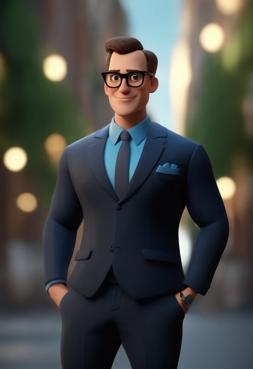Cartoon character of a man wearing black glasses and a blue shirt, um personagem animado, Caractere estilizado, animation style rendering, 3D estilizado, Arnold Maya render, 3 d render stylized, toon render keyshot, Personagem 3D, Personagem 3D, 3d rendering stylized, 3 d character render, personagem de desenho animado, Personagem de close up, Pose de personagem, (Estilo Pixar) (master part:1.2) (Bokeh) (best quality) (pele detalhada) (textura detalhada) (8k) (argila) (Cinematic lighting) (foco nítido,Senta e vaza a parte superior do corpo