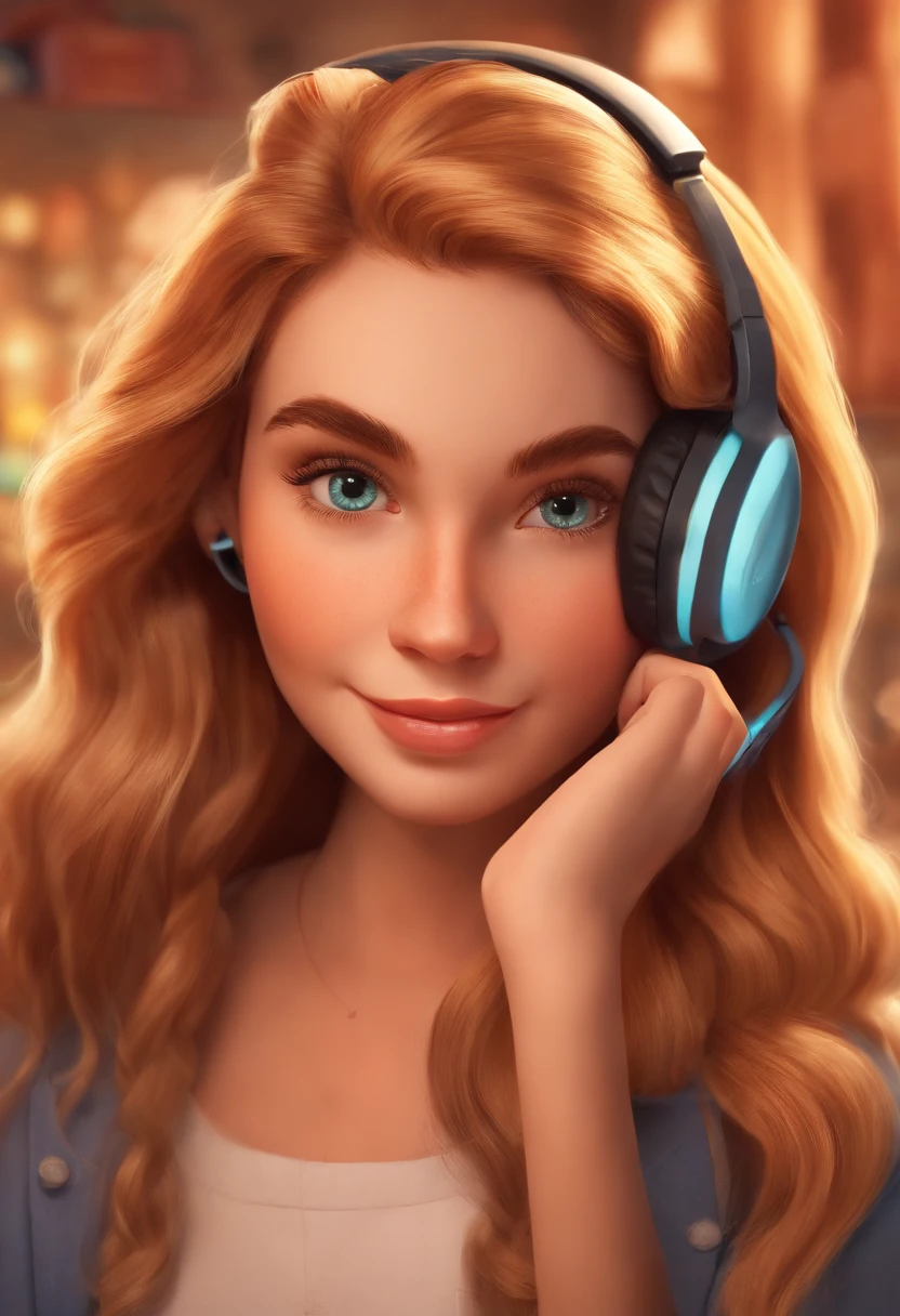 Image of a girl for a story in a YouTube video in Pixar format, She is the  alabester, She is an entrepreneur and sells Apple products, She is extroverted and a good communicator, straight and long hair, blonde, brown eyes and is in a smartphone store.