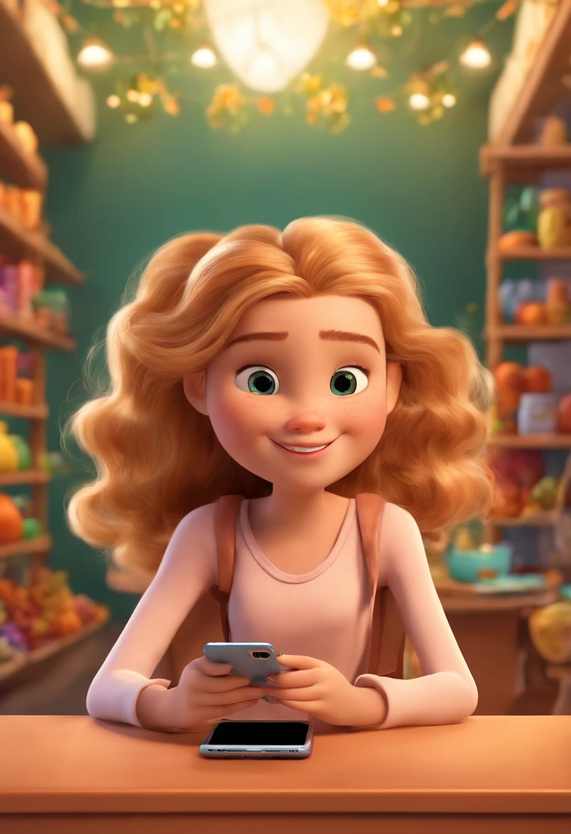 Image of a girl for a story in a YouTube video in Pixar format, She is the alabester, She is an entrepreneur and sells Apple products, She is extroverted and a good communicator, straight and long hair, blonde, brown eyes and is in a smartphone store.