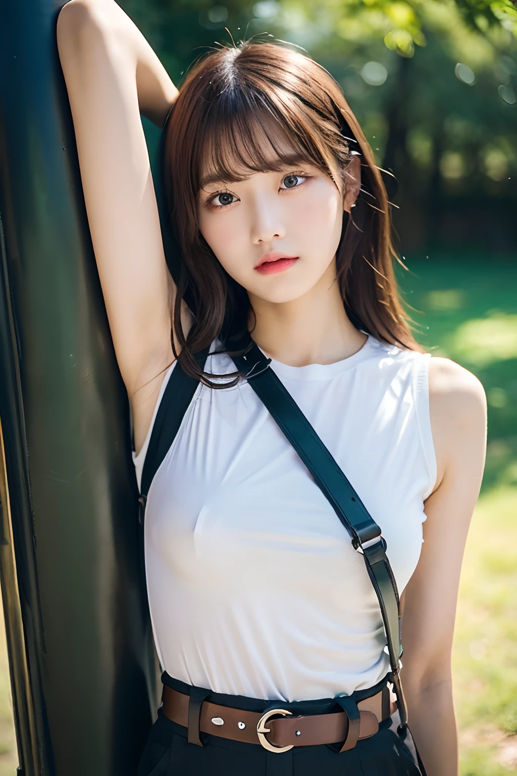 masterpiece、flat-colors、depth of fields、lens flare 1 girl、、Brown hair、watching at viewers a belt black suspenders large full breasts Armpit sweat perspiring Side of both hands walls: Black pants, Black jacket holster arm Leg holster arma Gaze Small face