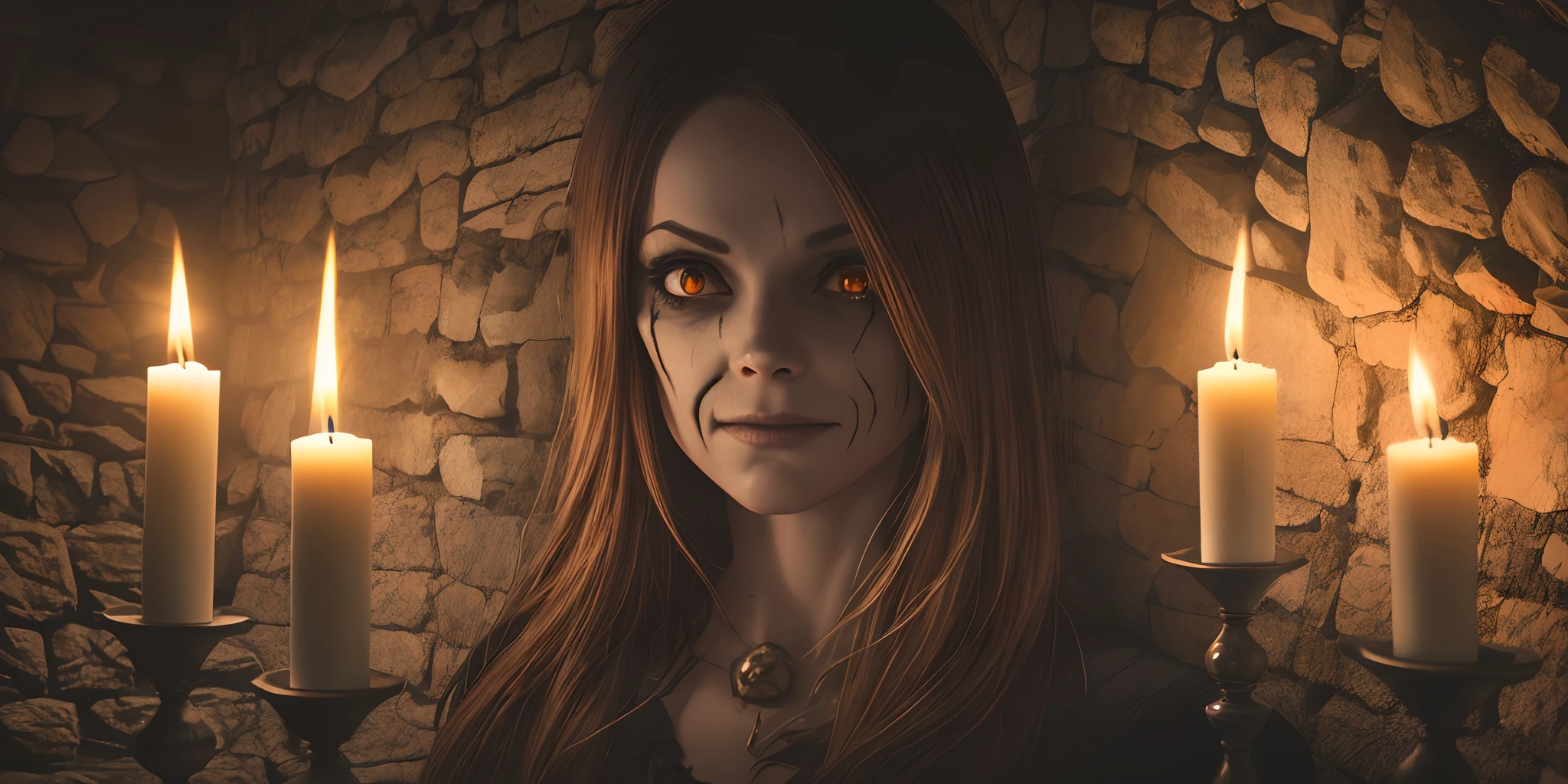 best quality, highres, ultra-detailed, realistic, HDR, candlelit, spooky atmosphere, Halloween vibes, detailed texture of the stones, vibrant orange pumpkins, humorous facial expressions, playful atmosphere, mysterious shadows, subtle flickering candlelight, eerie ambiance, comical photo, mischievous smiles,((bare human head)), stone wall texture, realistic lighting, dramatic shadows, supernatural elements, dark and atmospheric setting, professional photography, creepy yet funny composition, sharp focus on the faces, intriguing storytelling, vivid colors, flickering candle flames. --auto --s2