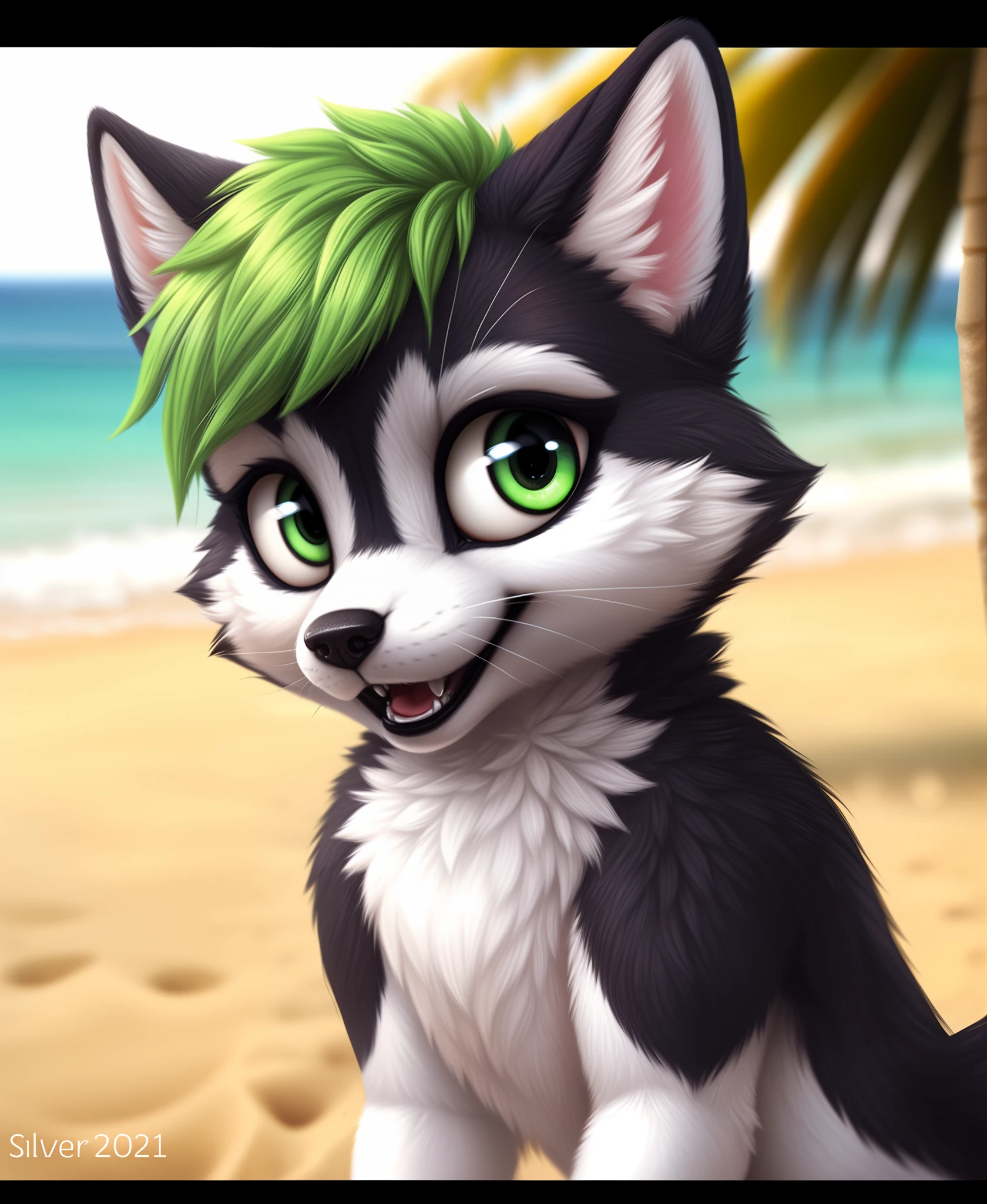 Husky, green hair, [green eyes], glistening eyes, happy, smile, fluffy, looking at viewer, female, beach scene, (white sclera), big pupils, BREAK, uploaded on e621, (by silverfox5213:1.2), (high detail, film photography, soft focus, RAW candid cinema, photorealism, realistic, photorealistic, analog style, subsurface scattering, masterpiece, best quality, ultra realistic, 8k),,