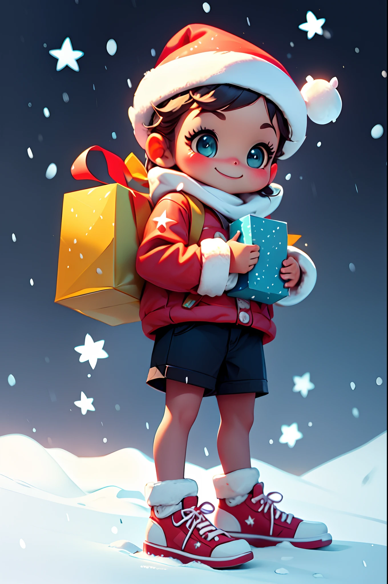 Santa Claus happily carrying presents、Santa is a pretty girl、Chibi Doll、Stars in the eyes(kirakira)、Eye Up、Laugh、Cute red shoes、foco nítido, Ultra Detail, radiant light、bio luminescent、snowscape、It's snowing、Snowboard Riding、Draw a large snowflake in the foreground、Taken from the side、Stronger bokeh effect