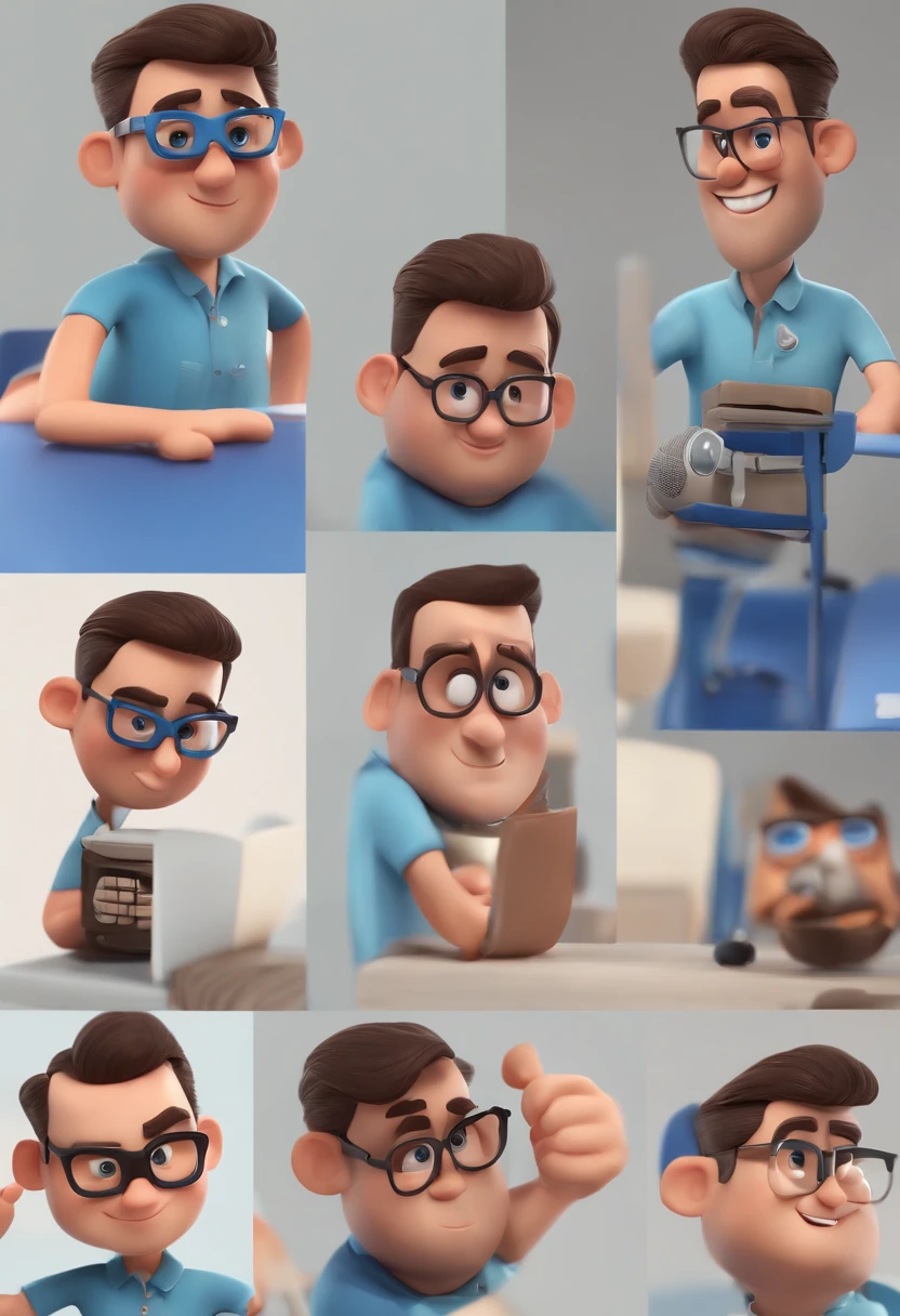 Cartoon character of a man with black glasses and a blue shirt, animation character, Caractere estilizado, animation style rendering, 3D estilizado, Arnold Maya render, 3 d render stylized, toon render keyshot, Personagem 3D, Personagem 3D, 3d rendering stylized, 3 d character render, personagem de desenho animado, Personagem de close up, Pose de personagem, (Estilo Pixar) (master part:1.2) (Bokeh) (best quality) (pele detalhada) (textura detalhada) (8k) (argila) (Cinematic lighting) (foco nítido