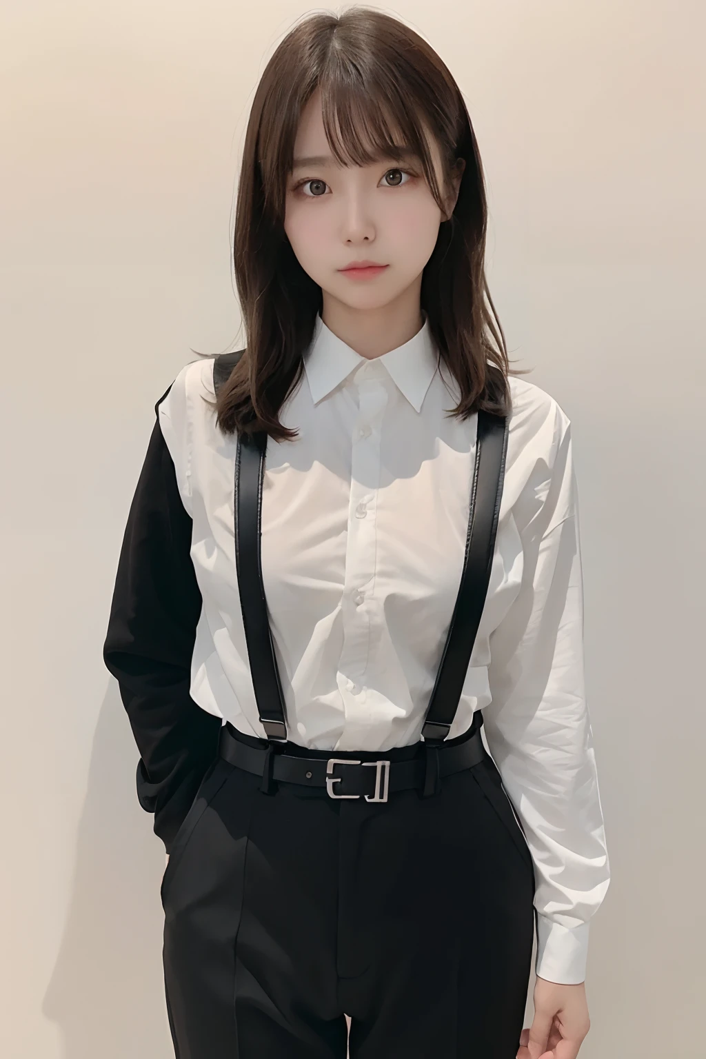 masterpiece、flat-colors、depth of fields、lens flare 1 girl、、Brown hair、watching at viewers a belt black suspenders large full breasts Armpit sweat perspiring Side of both hands walls: Black pants, Black jacket holster arm Leg holster arma Gaze Small face