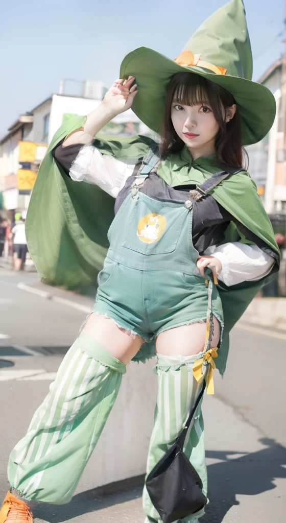 Female idol in witch costume、Good Style、、、、Idol face、large full breasts、、witch's hat、Green Overalls Fashion（Shorts）、Orange hair、knee sox
