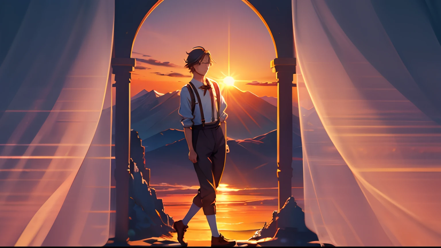 the sunset,eventide,Suspenders,Stand on top of the mountain with your feet,middle parted hairstyle,,Cross your left and right hands forward