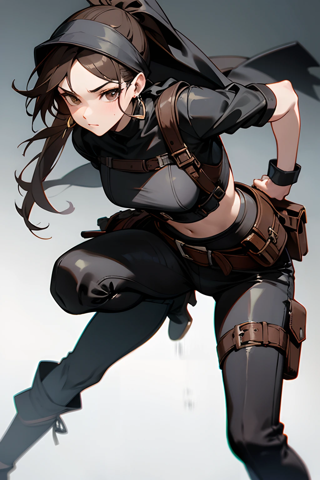 Best Quality Detail:1.2, realisitic, 8K UHD, hight resolution, 1 human,Unisex , sex unknow, The ultra-detailliert, High quality textures, intricate detailes, detaileds, Very detailed CG, High quality shadows, Detail Beautiful delicate face, Detail Beautiful delicate eyes, depth of fields, Ray traching, gender not specified, gender not specified, male-like, long ponytail, black-brown hair, brown eyes, wearing black leather, wearing a veil, hooded veil, head covering, wearing a black face covering, Wear a black mask, cover the lower half of your face, red earrings, face invisible, tight leather pants, high-heeled boots, and a waist bag.