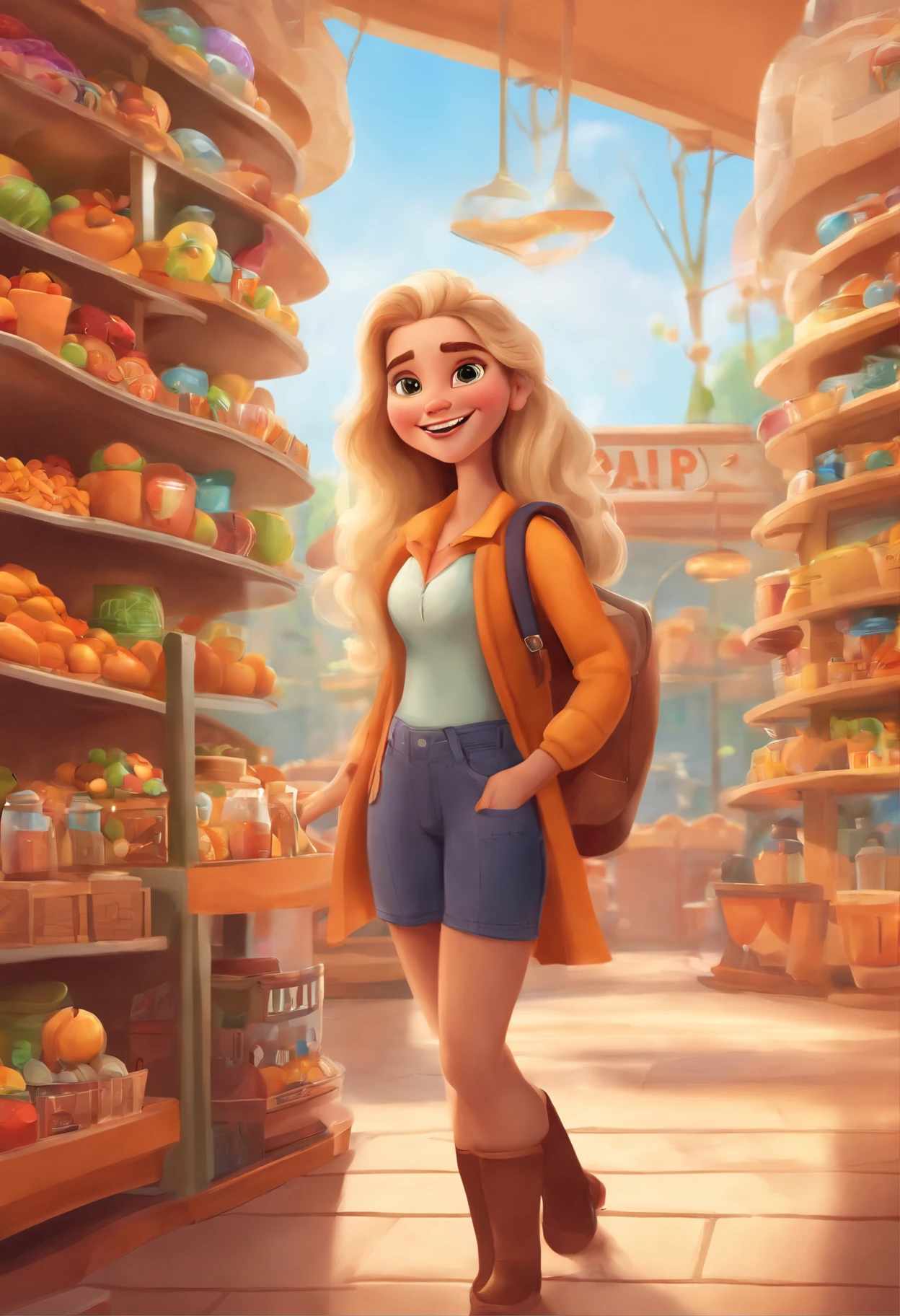 Image of a girl for a story in a YouTube video in Pixar format, She is the  alabester, She is an entrepreneur and sells Apple products, She is extroverted and a good communicator, straight and long hair, blonde, brown eyes and is in a smartphone store.