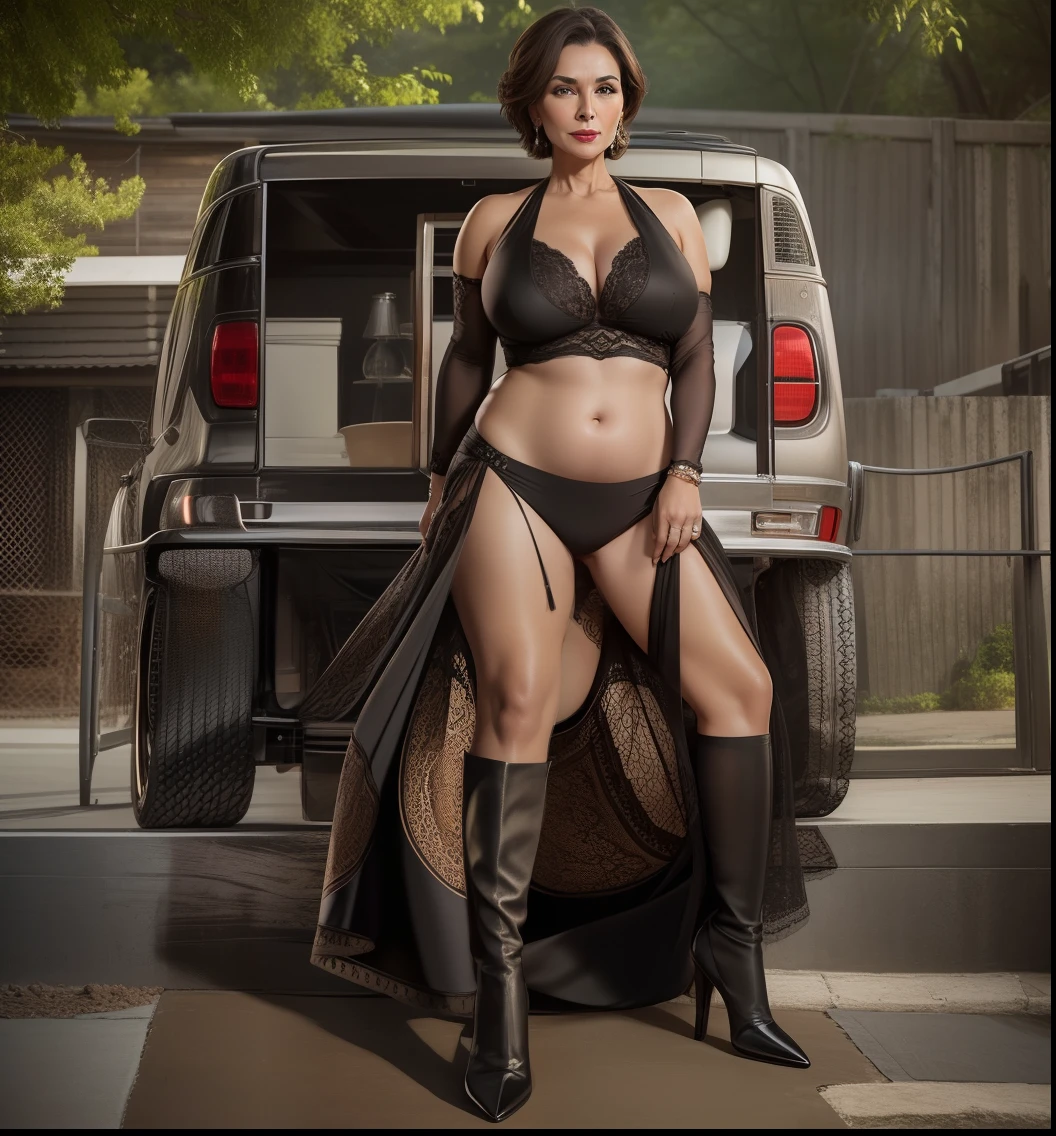 Portrait of a 60-year-old woman with short brown hair, a captivating gaze, Brown eyes, Wrinkles on her face, She wears a very sexy black evening dress that reveals big flabby breasts, Light makeup and red lips. 32K