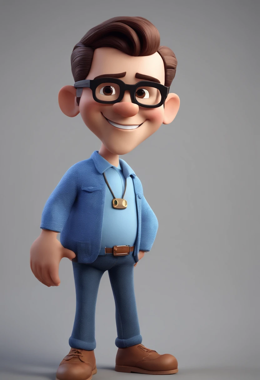 Cartoon character of a man with black glasses and a blue shirt, animation character, Caractere estilizado, animation style rendering, 3D estilizado, Arnold Maya render, 3 d render stylized, toon render keyshot, Personagem 3D, Personagem 3D, 3d rendering stylized, 3 d character render, personagem de desenho animado, Personagem de close up, Pose de personagem,  (Estilo Pixar) (master part:1.2) (Bokeh) (best quality) (pele detalhada) (textura detalhada) (8k) (argila) (Cinematic lighting) (foco nítido