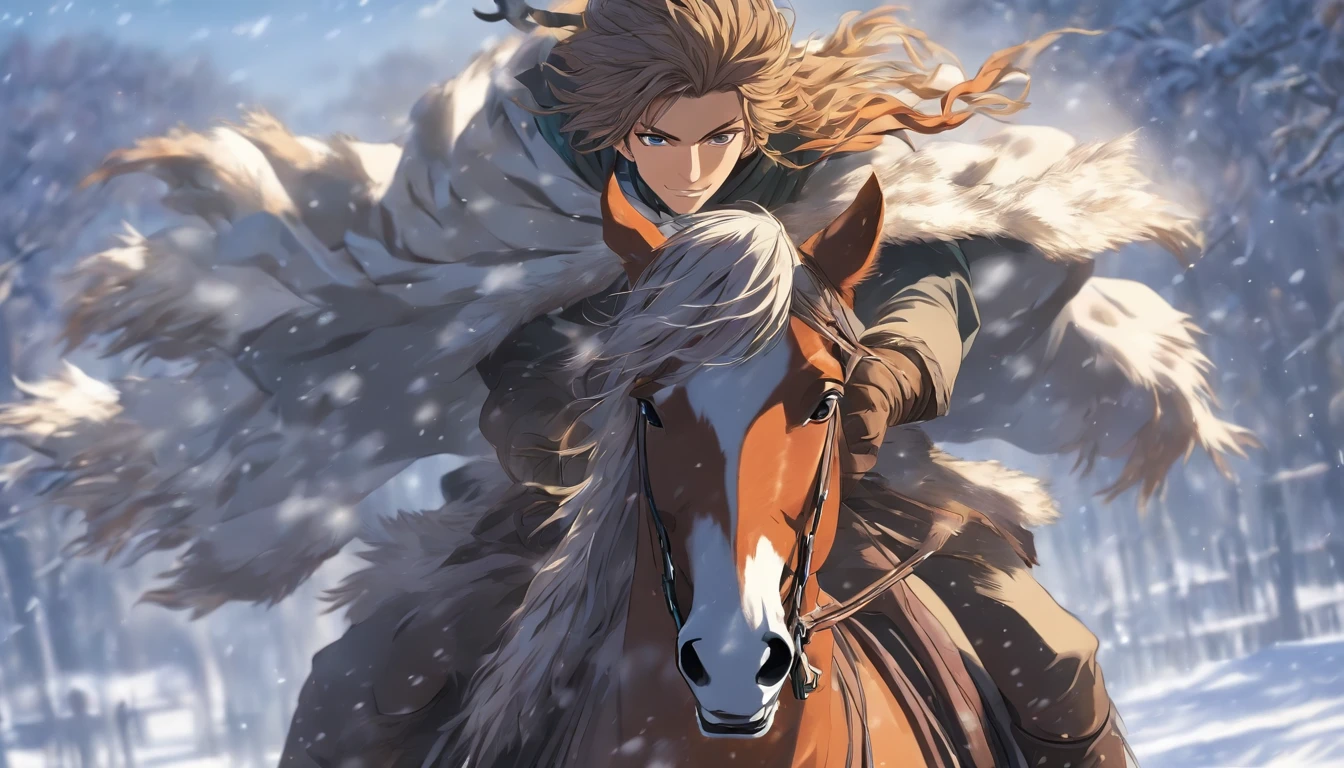 A young man rides a horse in the snow, high-quality face