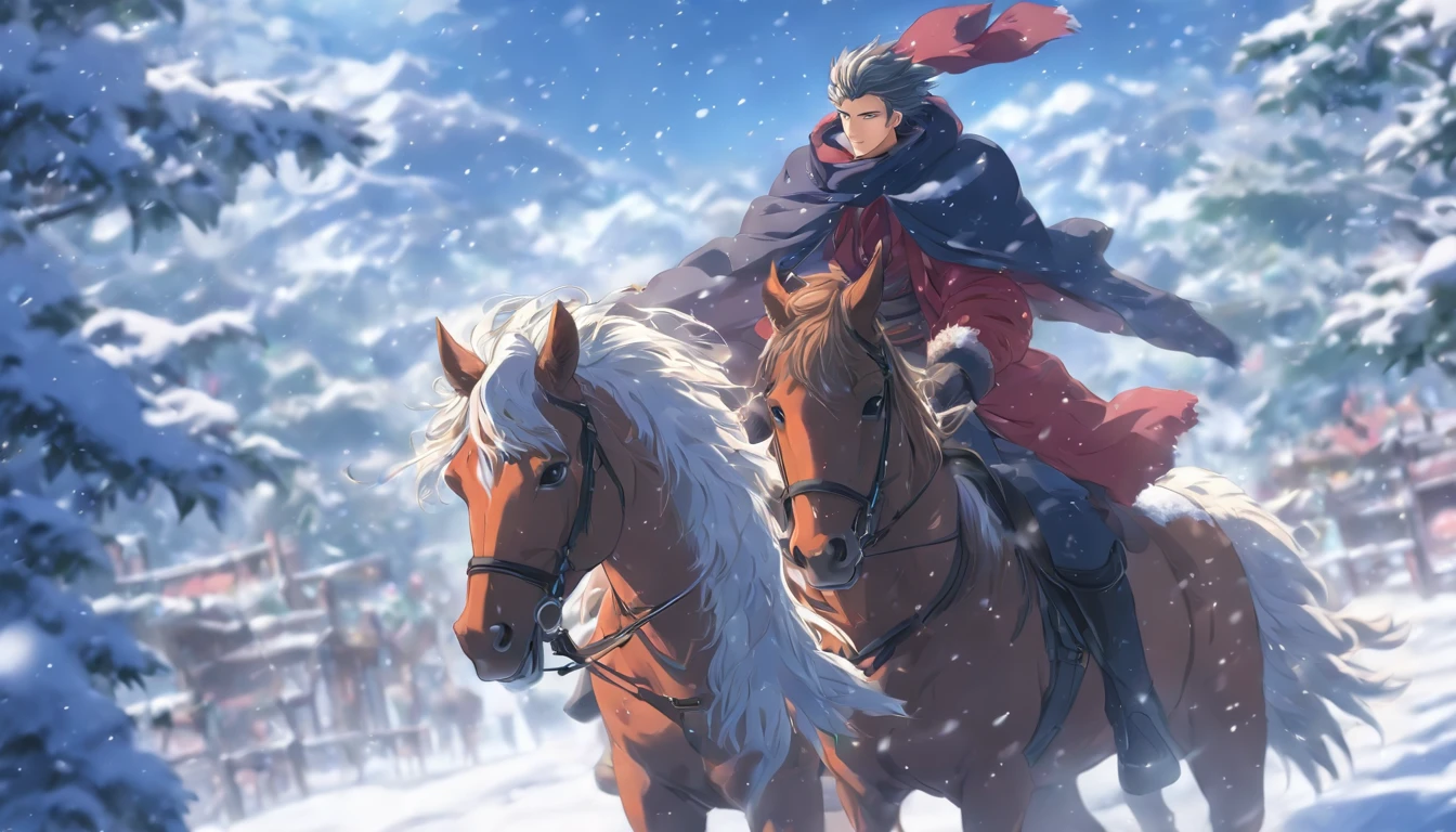 A young man rides a horse in the snow, high-quality face