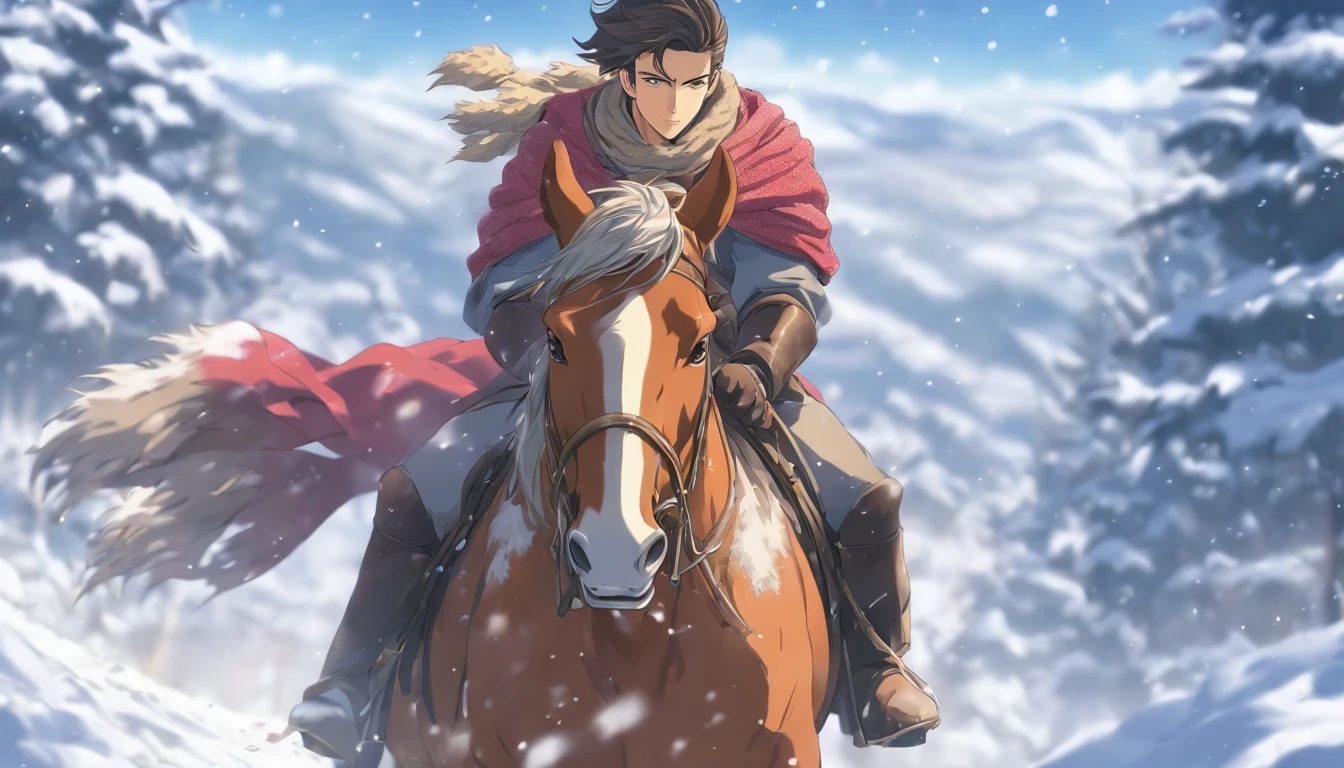 A young man rides a horse in the snow, high-quality face