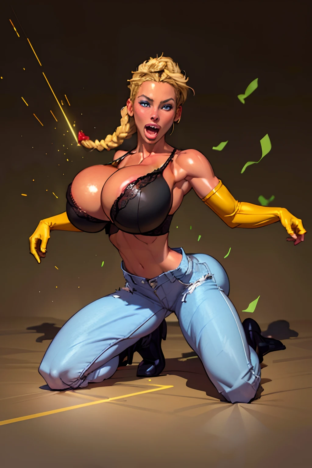 (((1 girl,  cute, (gigantic breasts:1.2), sleeveless denim jacket, black lace bra, jeans, black elbow Gloves, strawberry blonde long hair, braided hair,  box braids, blue eyes))), (((strawberry blonde hair))), 
dynamic poses, realistic style, depicting a group of characters in various action scenes, from intense battles to lighthearted moments, with dramatic speed lines and bold sound effects, capturing the excitement and energy of the story, Laser rays from the palm of hand, Attack forward with palm, temple, japan,