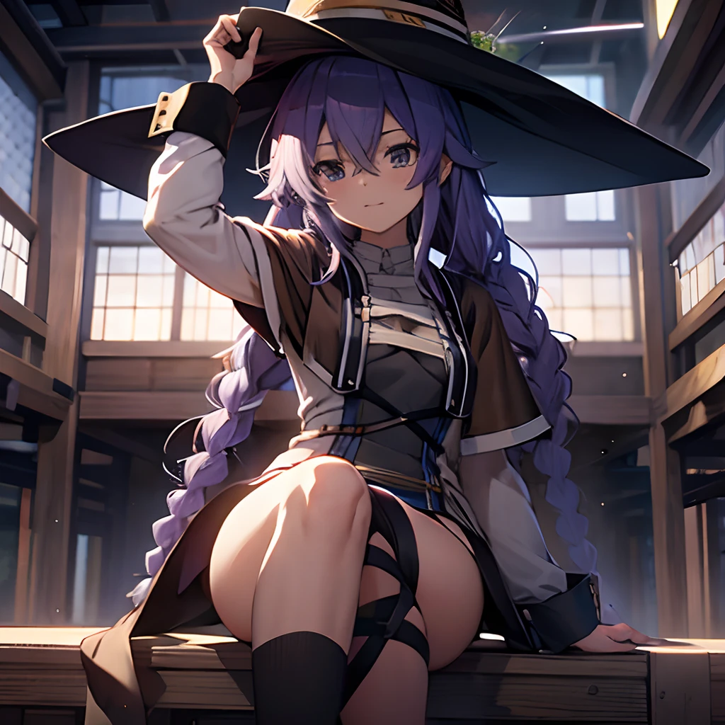 masuter piece, Best Quality, 超A high resolution, top-quality, Anime style, mushoku tensei, Roxy, Blue-purple hair, Big witch's hat, Long braids, free pose