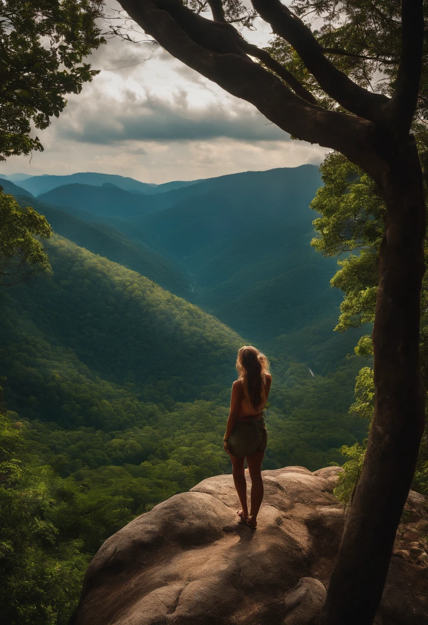 high resolution, master part, alta qualidade, High definition, Foco no rosto de uma jovem mulher, figura humana, Overlooking the large forest from behind, paisagem da montanha, Floresta, Natureza, Rio
