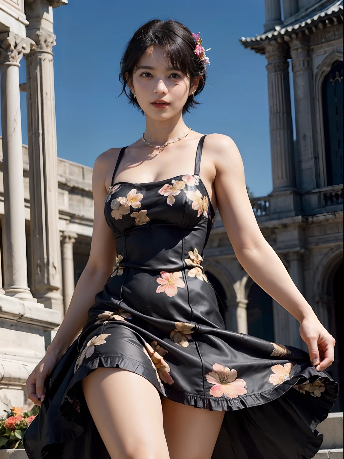 80
(20-year-old princess,is standing), (A hyper-realistic), (masutepiece), ((short-hair:1.46)), (Smooth black hair), (Breast:1.0), (kindly smile:0.9), (Floral Dresses:1.46), (Majestic Palace:1.46), Orange Lipstick