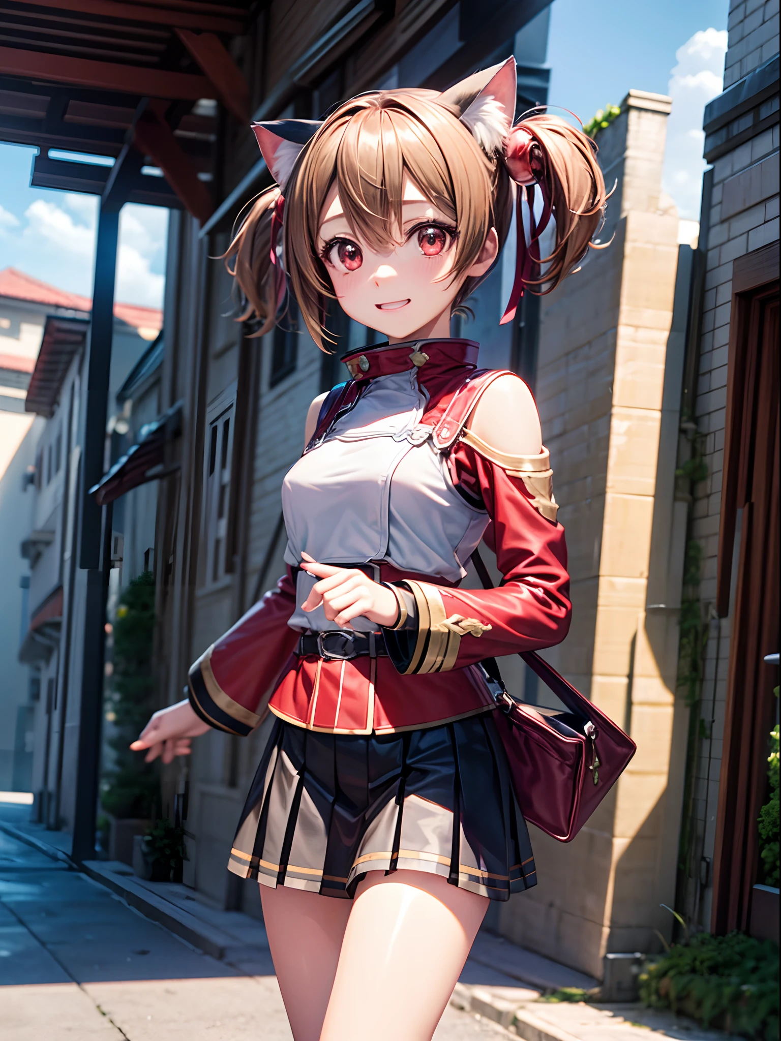 Anime girl in a short skirt and jacket walking down a street - SeaArt AI