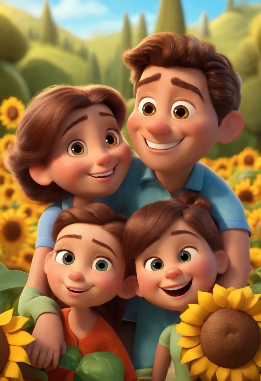 Create a Disney PIXAR-style 3D poster. ((centro da imagem, Triplets)), ((3 )) ((1 menino no meio e 2 meninas ao lado, They're hugging each other, O menino tem pele castanha e cabelos castanhos escuros e olhos castanhos escuros, 1 menina tem pele clara, olhos e cabelos escuros e cacheados, e a outra menina tem pele morena, olhos escuros e cabelos escuros e lisos)) ((tudo isso no estilo Disney PIXAR 3D, In the background, A house of sunflowers, Gloria Studio, The garden is full of nature 3D render RTX clay material, estilo de design cartunesco, POP Mart, soft lighting, linhas suaves, Spring tilt, Detailed illustrations of PIXAR 3D, Detalhes hiper-realistas, cor quente no estilo Disney PIXAR 3D))