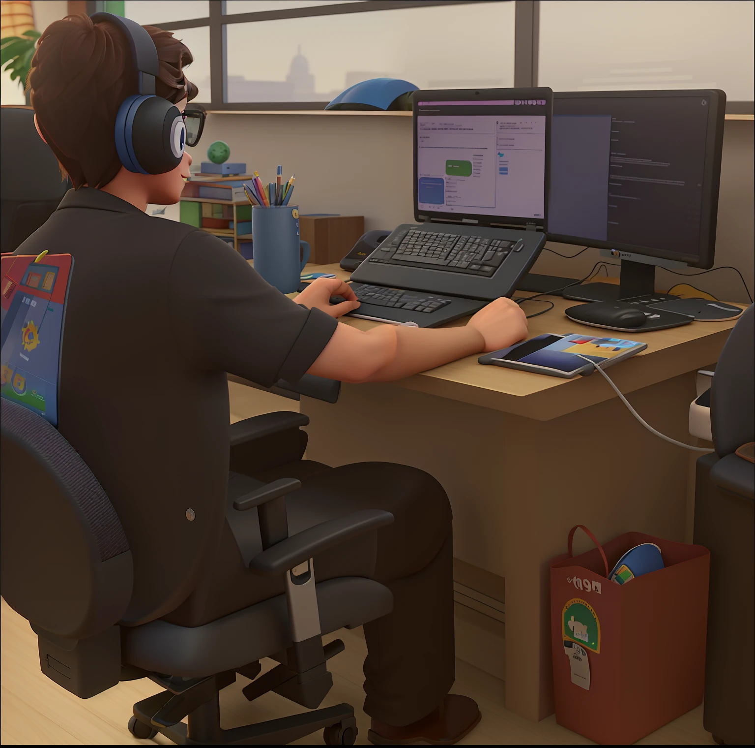 programador programando app em sala empresarial, imagem estilo filme disney pixar em alta qualidade, maxima qualidade