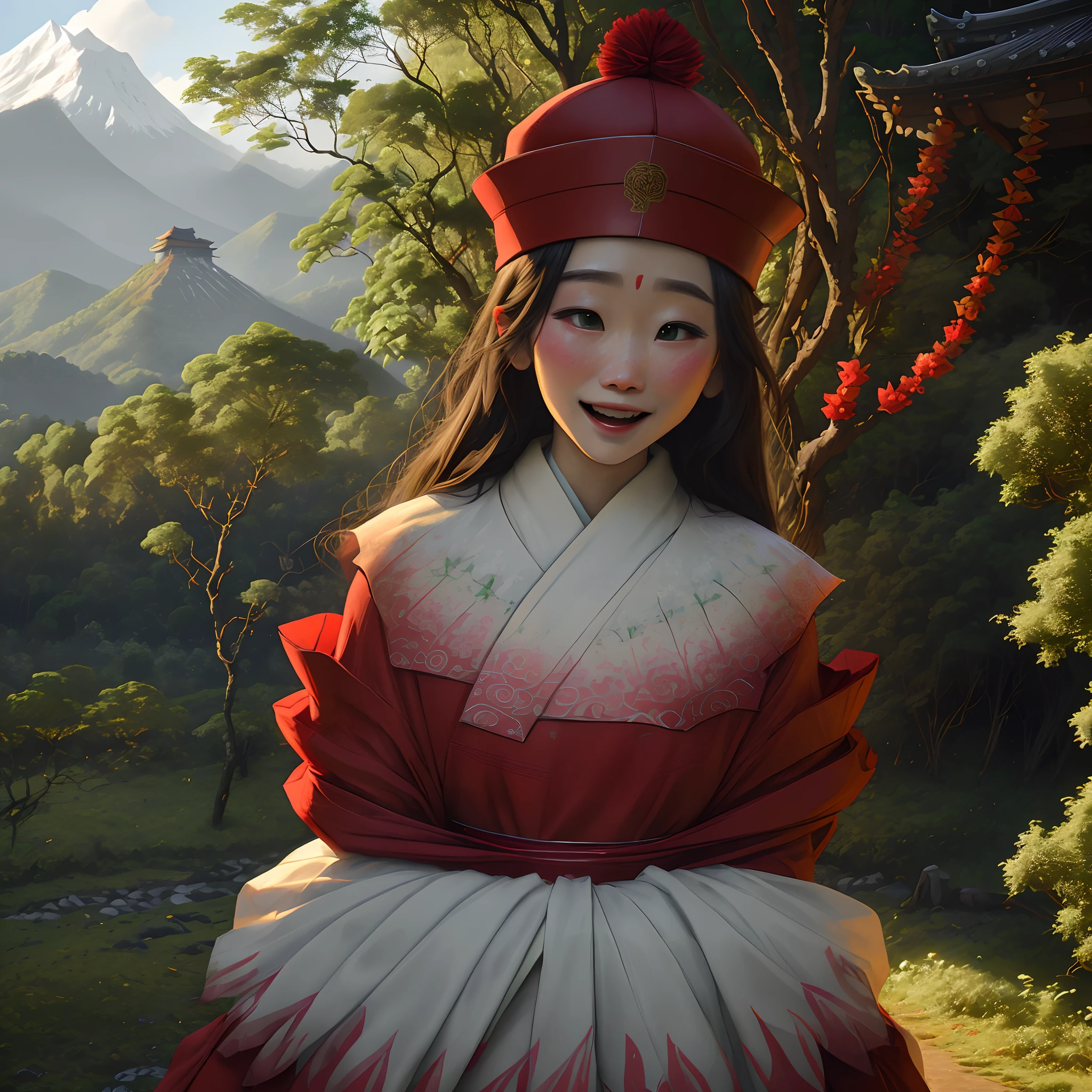 The mountain god marries,Only this green scenic mountain，jungles，Mountain Temple，Yamagamifu，Joy and mourning style，Red dowry，Bridal makeup，Red cap，Slightly weird，Sadness and joy，