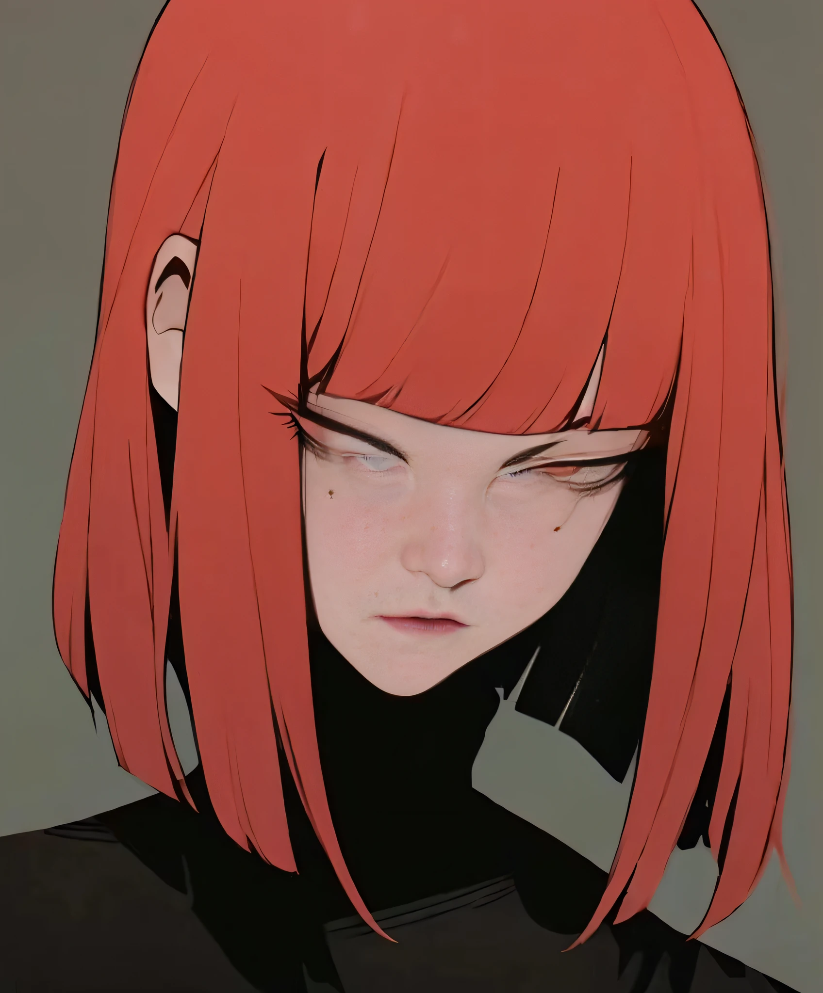 Anime girl with red hair and black shirt staring at camera, & her expression is solemn, she has red hair, Zerotwo, hime-cut, loish |, yayoi kasuma, 1 7 -  - old me goth girl, loish art style, Tumblr, black hime cut hair, With red hair, style of anime》ultraclear，tmasterpiece，mature，Cold and glamorous。