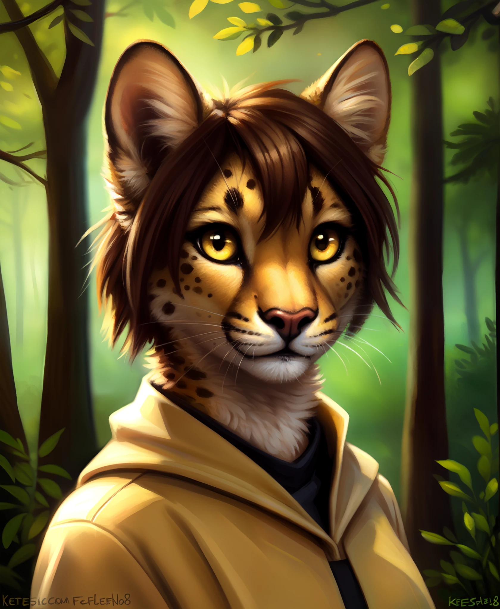 by kenket, by totesfleisch8, (by thebigslick, by silverfox5213:0.8), (by syuro:0.2), chee-riee,,  Madelyn , Madelyn Adelaide,  twokinds, (best quality, masterpiece:1), solo, furry female anthro, yellow eyes, short hair, light brown hair, portrait, finger claws, looking at viewer, tail, ear raised, (outdoors dark forest trees blurry blurred background:1.1), black shirt, yellow cape