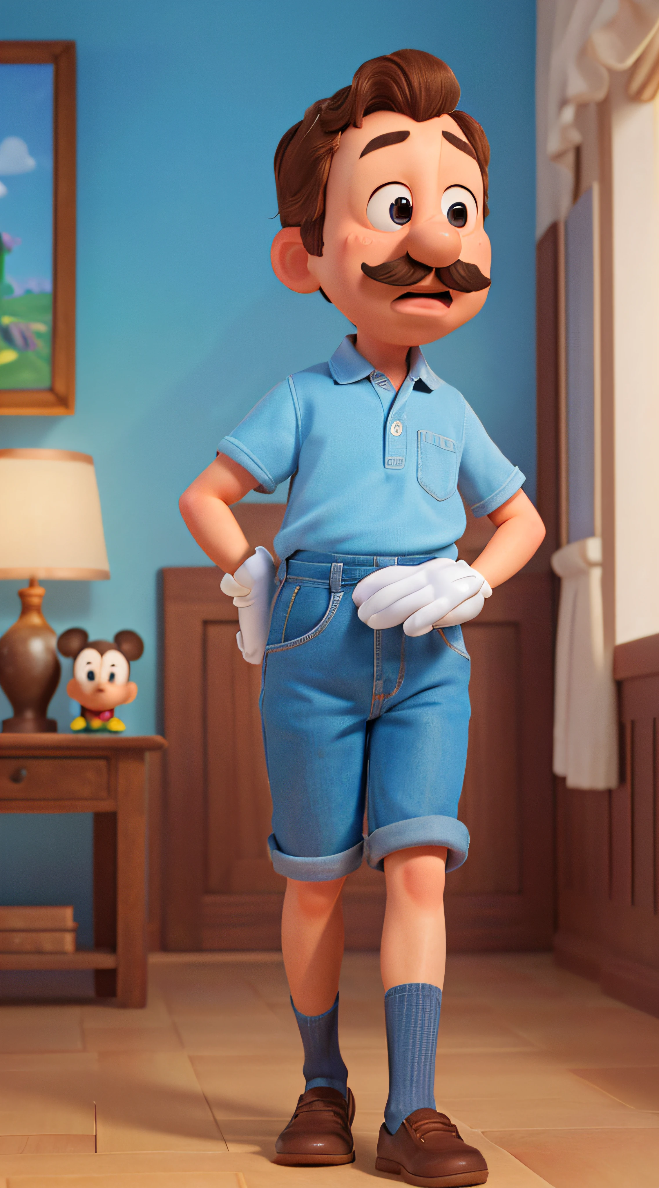 Pixar style: (best quality,4k,8k,highres,masterpiece:1.2),ultra-detailed,(realistic,photorealistic,photo-realistic:1.37). Walter Elias Disney says Walt Disney with his mustache. in a room covered with Mickey illustration, animation, colorful scenes, expressive, playful, fantastic, whimsical.