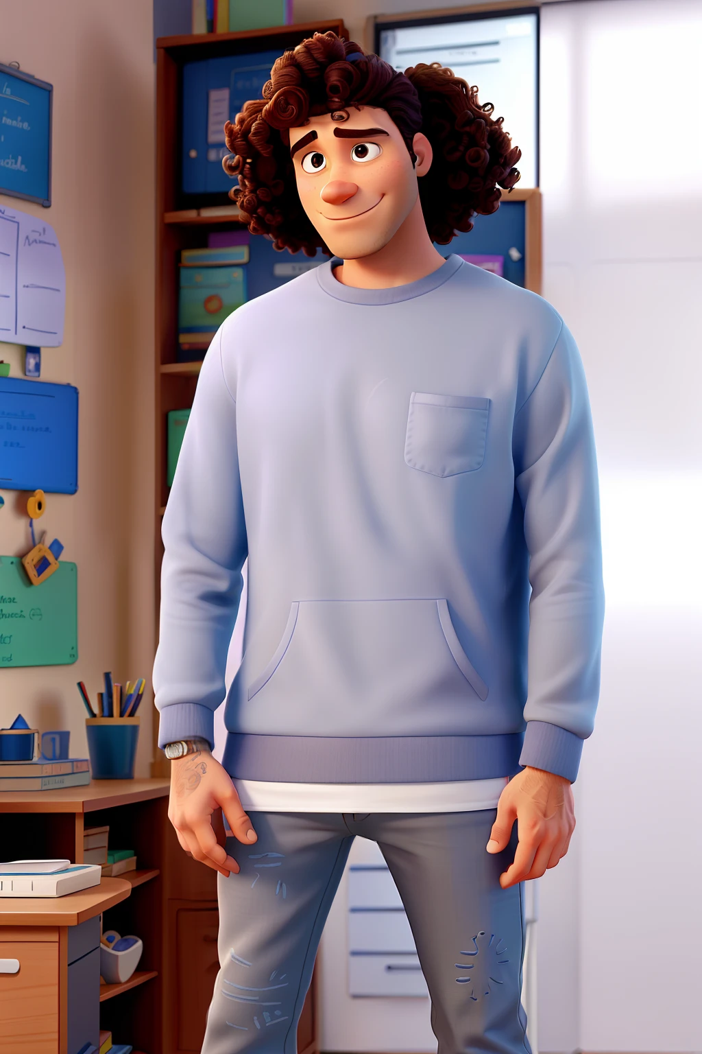 Criar imagem estilo Disney Pixar. The image is of a man from a home with a curly hair cap . He's in a room with an office desk and white Formica school desks. There's a whiteboard with the word Talent on Portuguese. Ele tem cavanhaque e piercing no nariz .