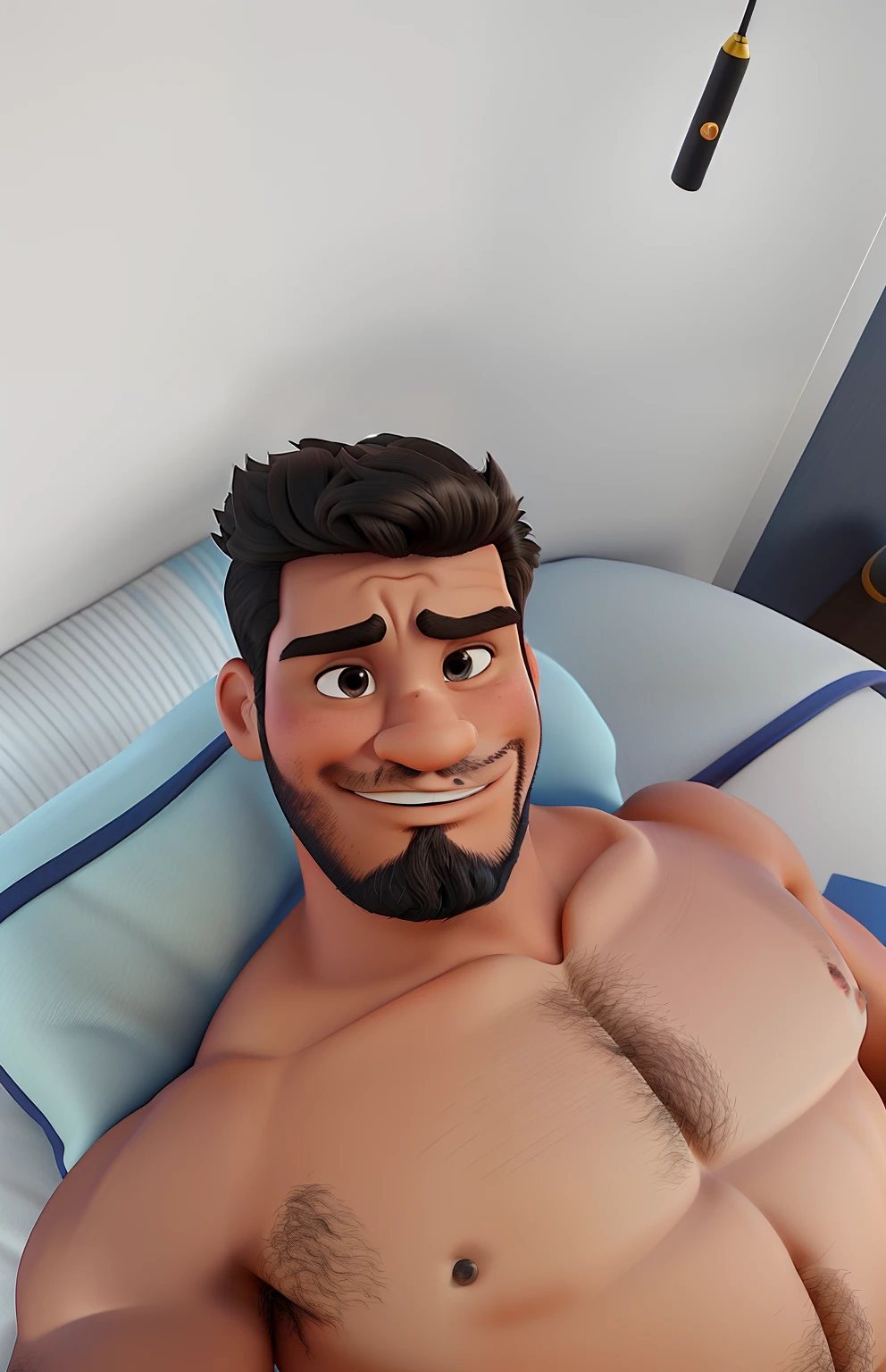 Poster no estilo Disney pixar, alta qualidade, melhor qualidade, homem sexy mulato, 33 anos cabelo preto barba preta, musculoso, com fundo em uma cama