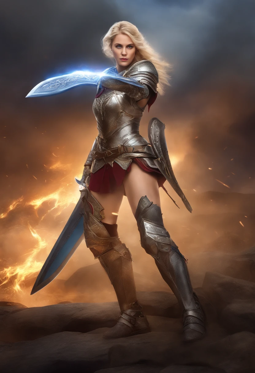 1人,warrioress,armor,blond hairbl,Iron sword,blue eyes,Silver boots,battleground background,wounded,holy