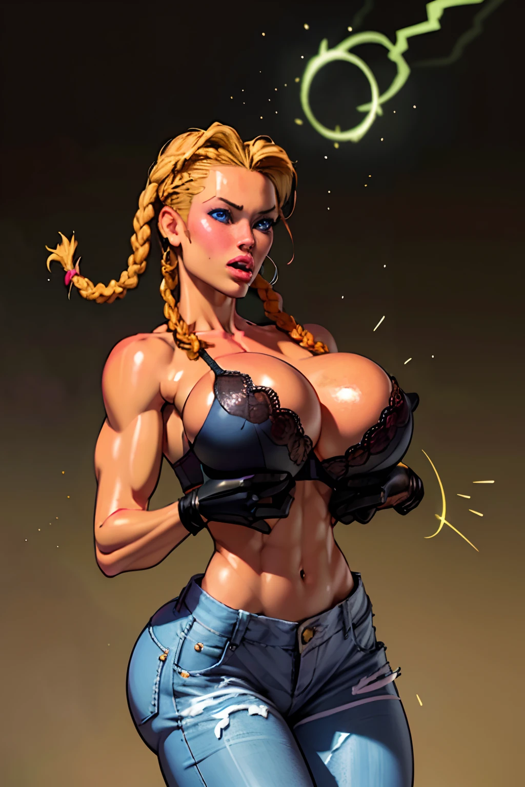(((1 girl, cute, (gigantic breasts:1.2), sleeveless denim jacket, black lace bra, jeans, black elbow Gloves, strawberry blonde long hair, braided hair, ((cornrows braids)), blue eyes))), (((strawberry blonde hair))),
dynamic poses, realistic style, depicting a group of characters in various action scenes, from intense battles to lighthearted moments, with dramatic speed lines and bold sound effects, capturing the excitement and energy of the story, Laser rays from the palm of hand, Attack forward with palm, temple, japan,