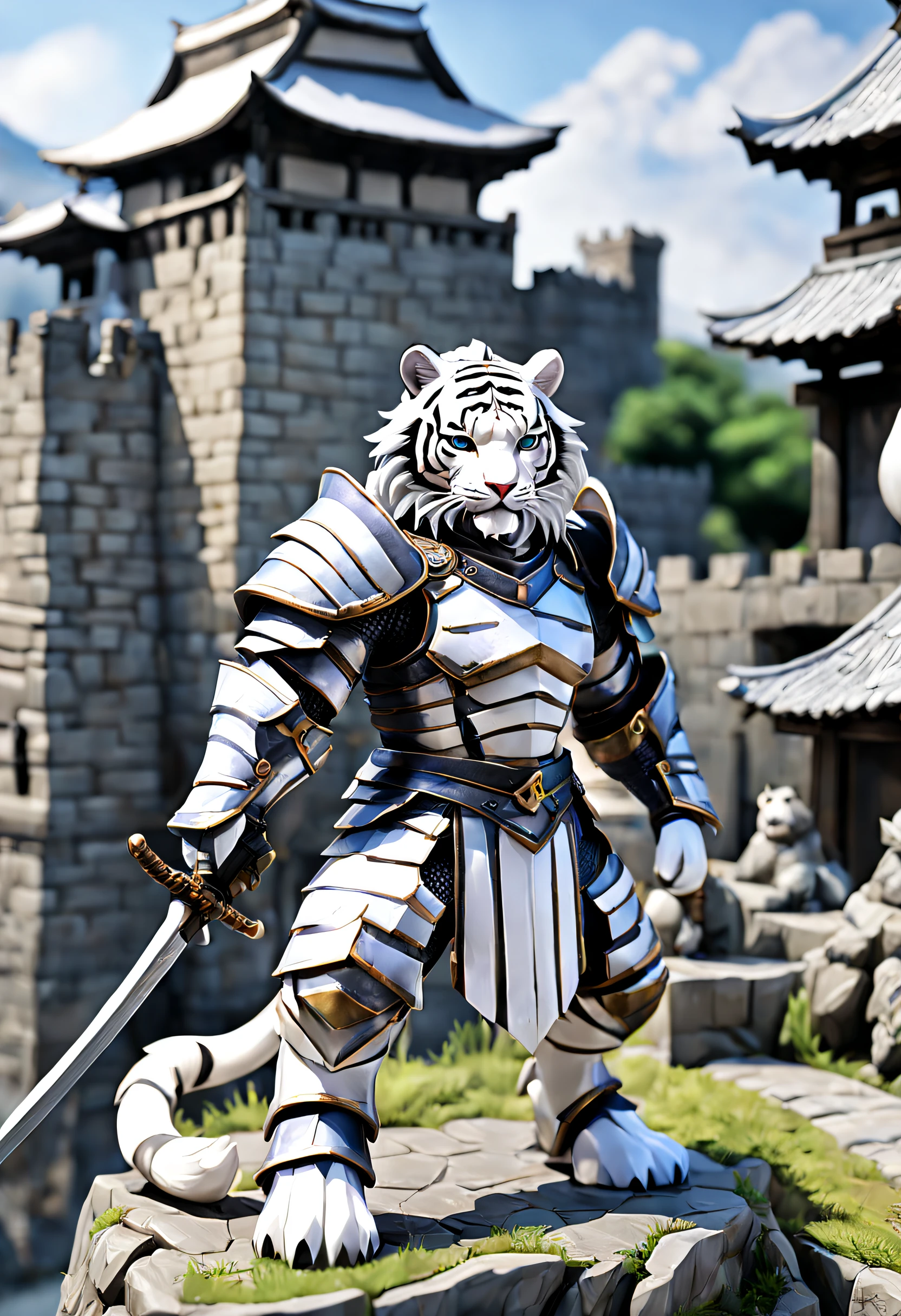full body Esbian、Cool White Tiger、Villain White Tiger、Menacing White Tiger、figurine、Knight Armor、odd eye、Holding a Japan sword、diorama、symple background、Fortress background、masterpiece, Best Quality, Capture super cute moments, depth of fields, ultra-detailliert, Ultra High Resolution, Octadale, 8K, 16 K