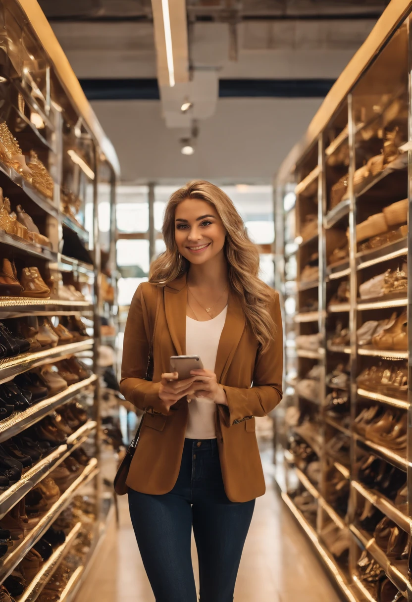 Image of a girl for a story in a YouTube video in Pixar format, She is the little alabester, She is an entrepreneur and sells smartphones, She is extroverted and a good communicator, straight and long hair, blonde, brown eyes and is in a store of smartphones. She wears a navy blue jacket and a gold shirt. She wears jewelry.