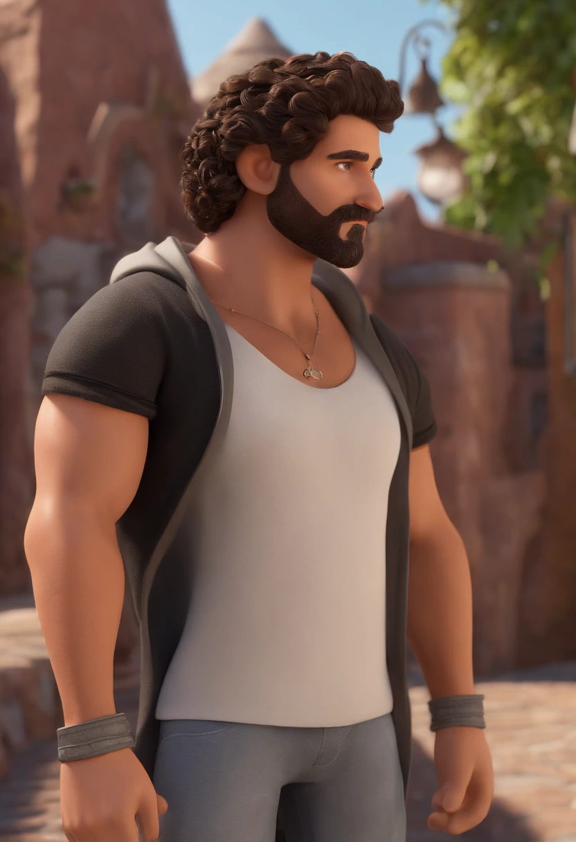 um homem, em breve, barba, cabelo cacheados preto, olhos castanhos, com fones de ouvido, A music studio in the background, Imagem no estilo Pixar, Estilo de filme animado 3D, Disney, camiseta preta