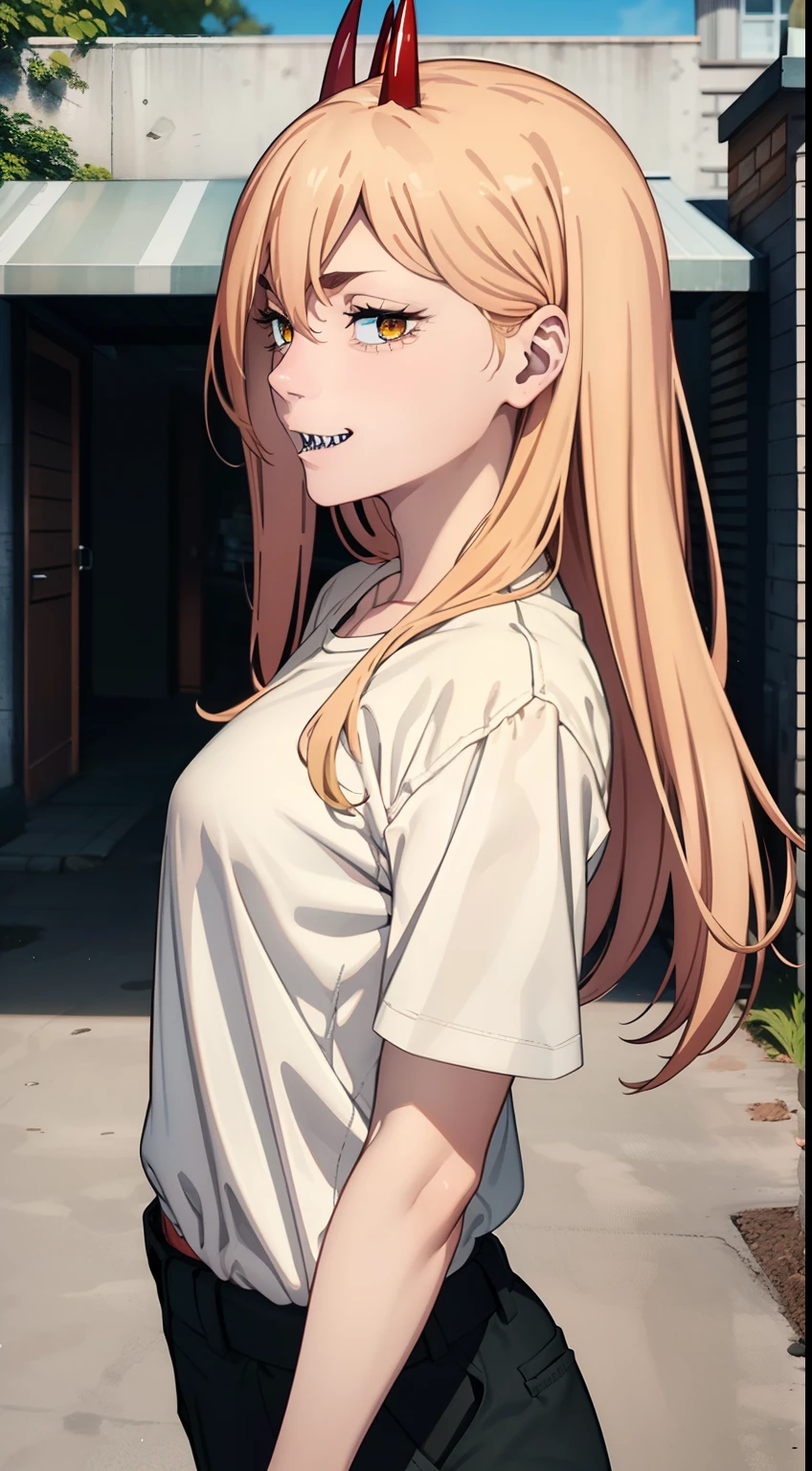 The woman, 1girl, hair light, blonde hair, hairlong, power \(HMM\), Yellow eyes, Serrated teeth, sharp teeth, sharp teeth, symbol-shaped pupils, cross-shaped pupils, Evil smile, eye-catching visual effects, reddened face, Full-length scene, white shirt, black pant, Tucked-up trousers, red sneakers, small chest, Antlers, red horns, (Detailed background: Bowling Club, exterior), Laughter Pose, sparkly skin, detailized face, A detailed eye, 独奏, Odin, perfect anatomy, Bihana for sample, swollen groin,,,,,, Cowboy shot, dynamicpose, An Illustration of Perfection, dynamic, higly detailed, facing the viewer, obscene expression, CIMA POV