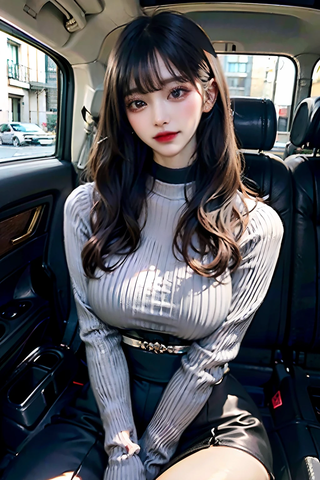 top-quality、超A high resolution、(Photorealsitic:1.1)、masterpiece、1girl in、、Tight net sweater clothes、Long sweater in grey、Mine makeup、eyeshadows、makeup、heavy make up、Shiny Pin Clip Stick、pin heels、beautiful thigh、Long Black Hair、Straight hair、Blunt bangs、Car passenger seat、A slight smil、huge tit