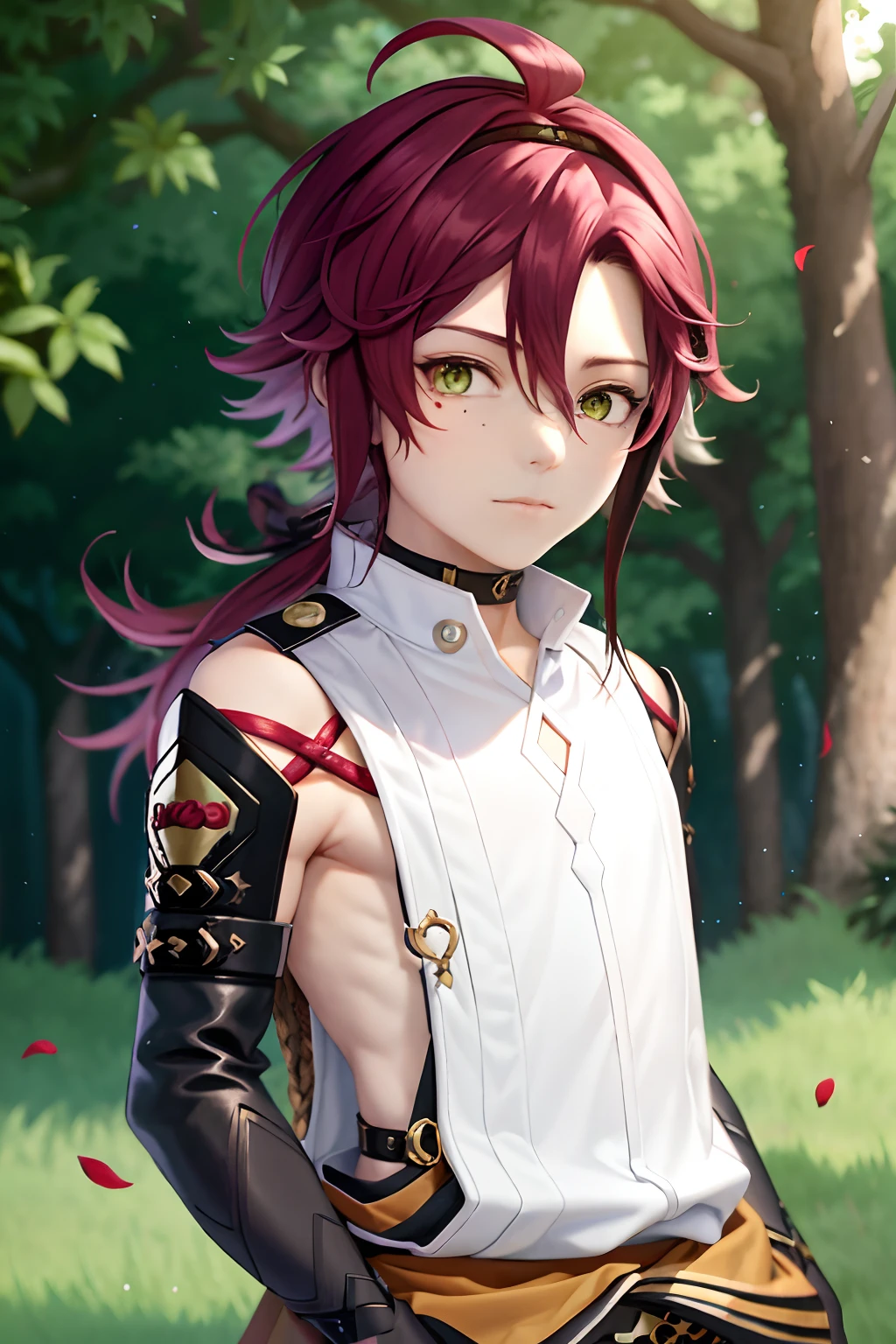 masterpiece, best quality,Shikanoin Heizou (genshin impact), 1boy, male focus, kurokote, green eyes, kote, multicolored hair, mole under eye, red hair, solo, mole, black choker, japanese armor, looking at viewer, choker, armor, streaked hair, aiguillette, sleeveless, ahoge, long hair, low ponytail,(kbxll:0.6)