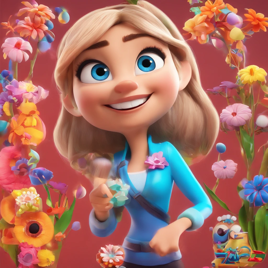 create a 3D movie poster inspired by Disney Pixar, The scene should be in Pixar's signature digital art style, com uma imagem caricatural que lembra mulher morena trabalhando no seu Studio de artesanato, com glitter, tintas e flores