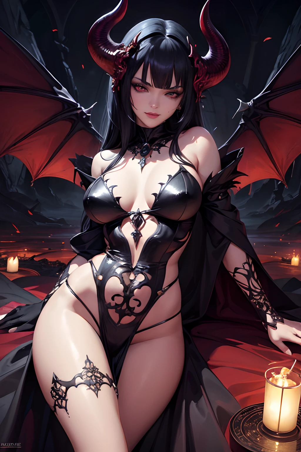 ultra detailed Rihanna as Satan sur le Trone de l'enfer, diablesse, Robe sexy noire et rouge, demon wings, Demon horn, Realistic detailed eyes, Context of the chaos of hell and destruction, Evil queen, looking straight at camera, souriant avec satisfaction, longs ongles noirs, Shaded illustration of a high-quality cell in hell, corps entier, pose dynamique, anatomie parfaite, centered, Freedom, soul, Approche de la perfection, Ombrage de cellule, 8k , Cinematic dramatic atmosphere, Water color painting, Illumination globale, detailed and intricate environment, ArtStation, Art conceptuel, mise au point fluide et nette, volumeric lighting, lighting cinematic