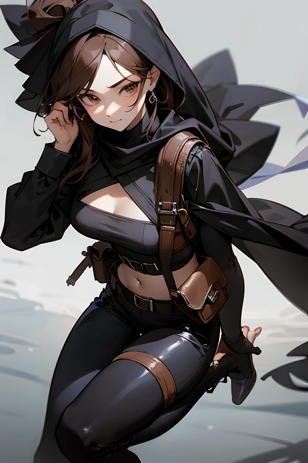 Best Quality Detail:1.2, realisitic, 8K UHD, hight resolution, 1 human,Unisex , sex unknow, The ultra-detailliert, High quality textures, intricate detailes, detaileds, Very detailed CG, High quality shadows, Detail Beautiful delicate face, Detail Beautiful delicate eyes, depth of fields, Ray traching, gender not specified, gender not specified, male-like, long ponytail, black-brown hair, brown eyes, wearing black leather, wearing a veil, hooded veil, head covering, wearing a black face covering, Wear a black mask, cover the lower half of your face, red earrings, face invisible, tight leather pants, high-heeled boots, and a waist bag.