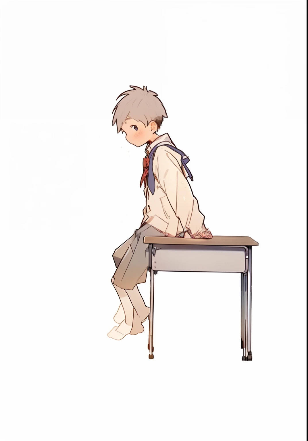 eventide，In the classroom，A boy sits at a desk with a school bag on his back，Lateral face，Hands on the table，snak，