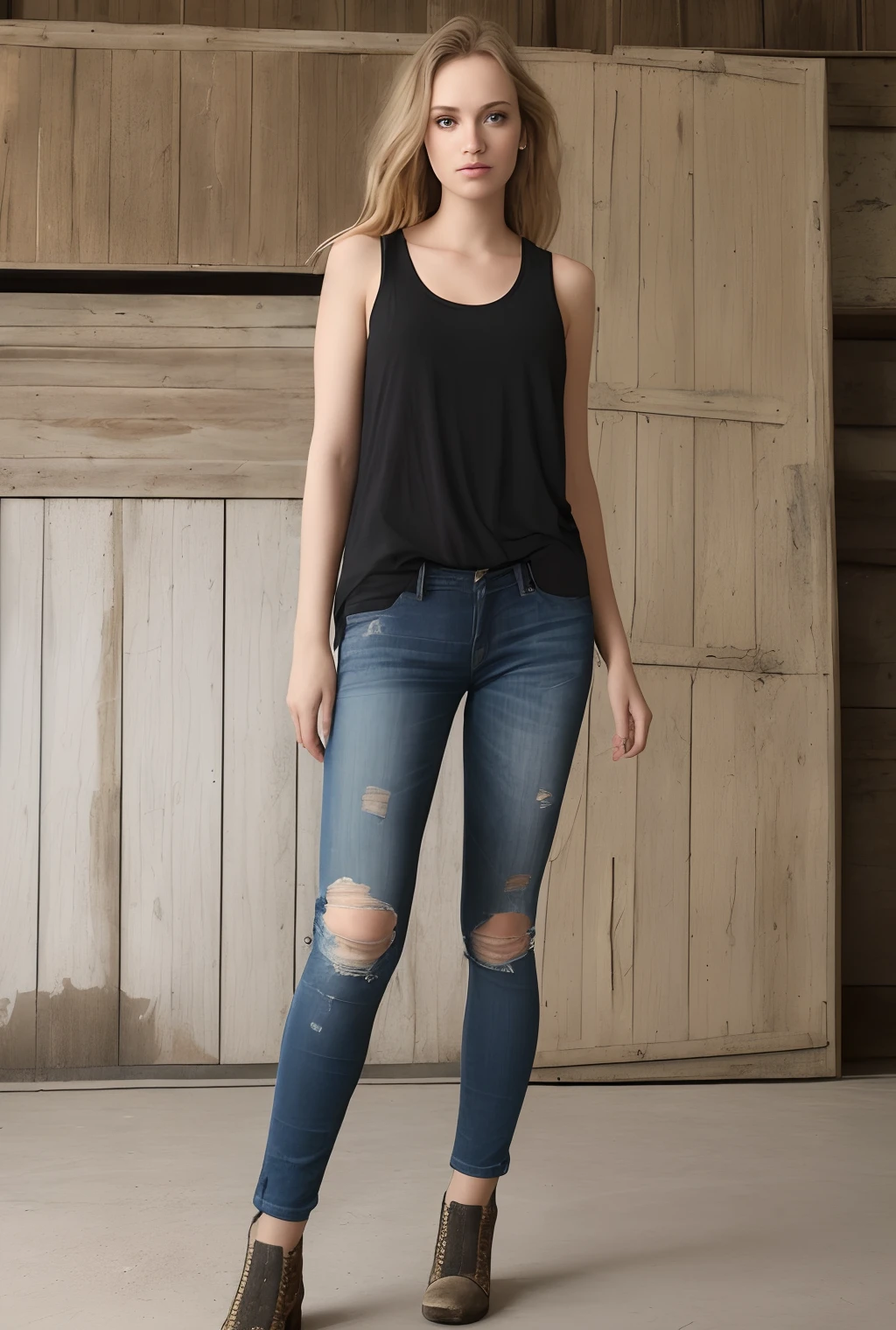 foto hiper real de ((woman inside a cluttered barn wearing sexy worn-out torn cotton tanktop)), ((rosto e olhos realistas detalhados)), Cinematic lighting, 8K resolution, (estilo modelshoot), Sunset, (De_abaixo:1.4), macio pequeno coberto por (camiseta rasgada na cor preta com detalhes dourad, Black jeans with ripped cotton gold details), Seios naturais