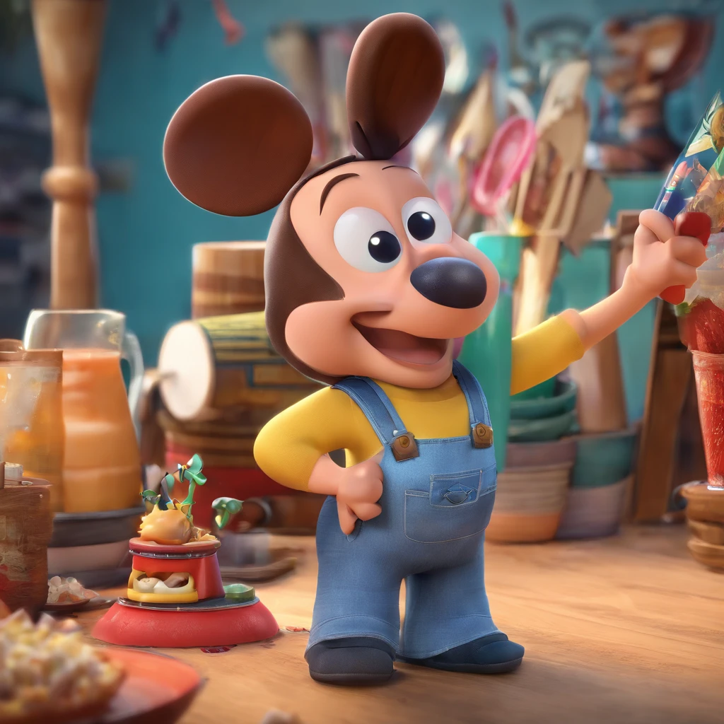create a 3D movie poster inspired by Disney Pixar. The scene should be in Pixar's signature digital art style, with a cartoonish image reminiscent of an artisan with, cabelos castanhos claros, dentro de seu local de trabalho.
