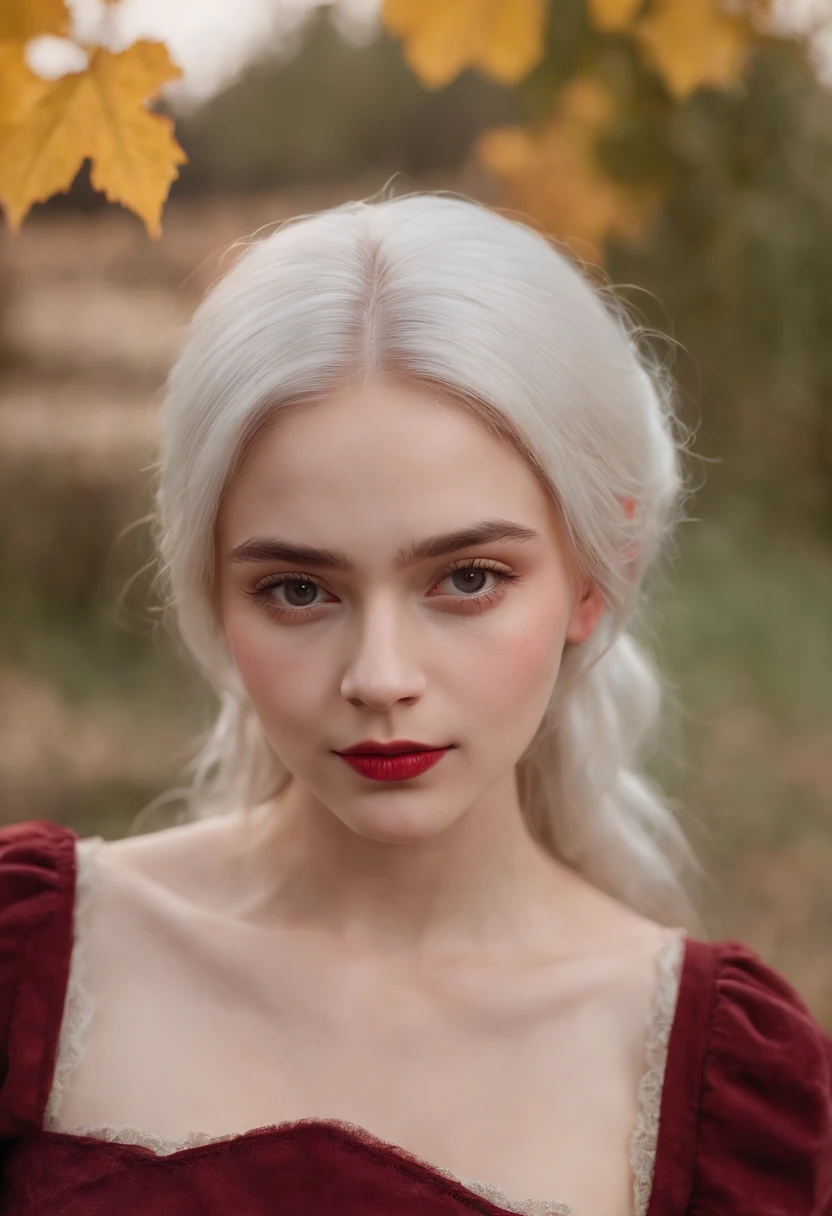 (((a deep reddish wound crosses her left cheek))) fair complexion, woman around 19 years old, natural white hair, in wine yard and on hand to be red dry wine bottle name is AREVI.