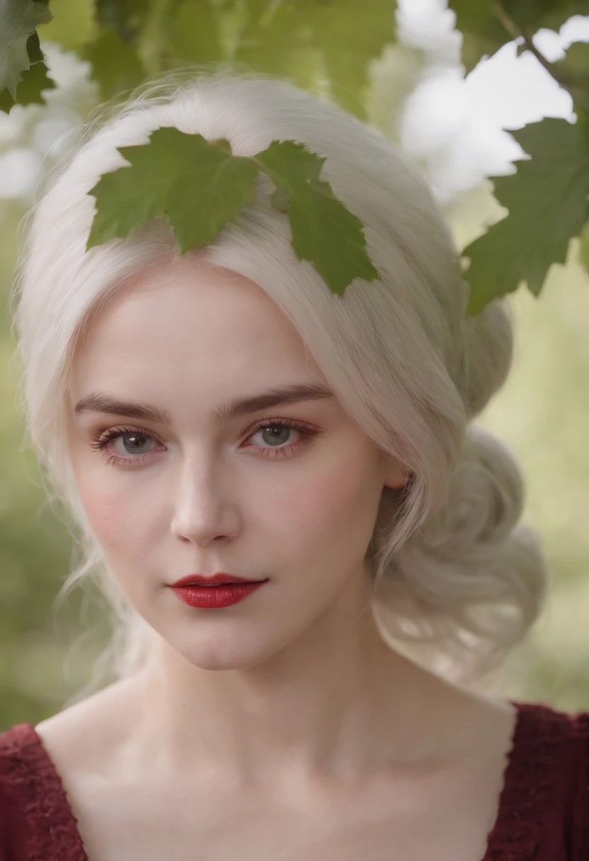 (((a deep reddish wound crosses her left cheek))) fair complexion, woman around 19 years old, natural white hair, in wine yard and on hand to be red dry wine bottle name is AREVI.