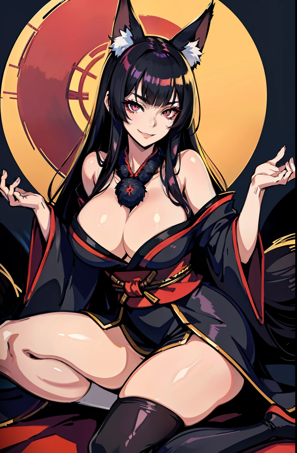 a Woman with black hair, Fox ears, (Villain) (Pink Eyes) (Anime Villain) (Wearing a long red Kimono with a neckline on bust) (in a Japanese temple on fire) (Smiling mischievously) (Villain's Smile) (Fox Woman) (Kumiho) (Nine-Tailed Fox) (Ahri league of lengens) Full body commission for anime, hyper realistic texture,  realistic photo, ultra detailed, no drawing edges, would be, realistic photo, dark scenery, natural lighting, realistic lighting, dark edges, detailed shadows, no drawing edges, ultra absurd photorealistic, mega realistic hair, mega realistic clothes,